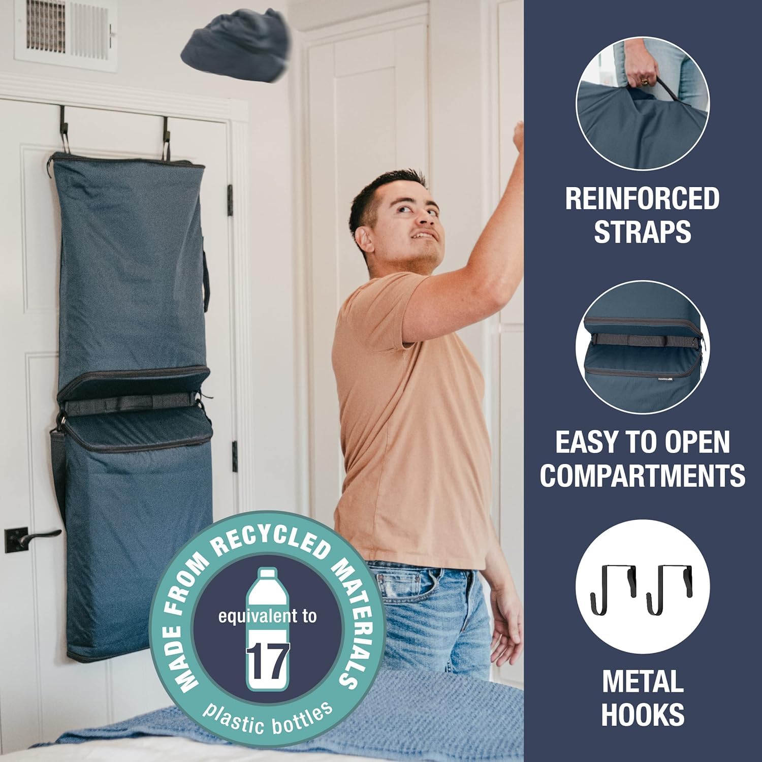 Clevermade Hanging Laundry Hamper Bag With Over The Door Hooks; Space Saving Organization, Great For A Dorm Room, Closet, Bathro