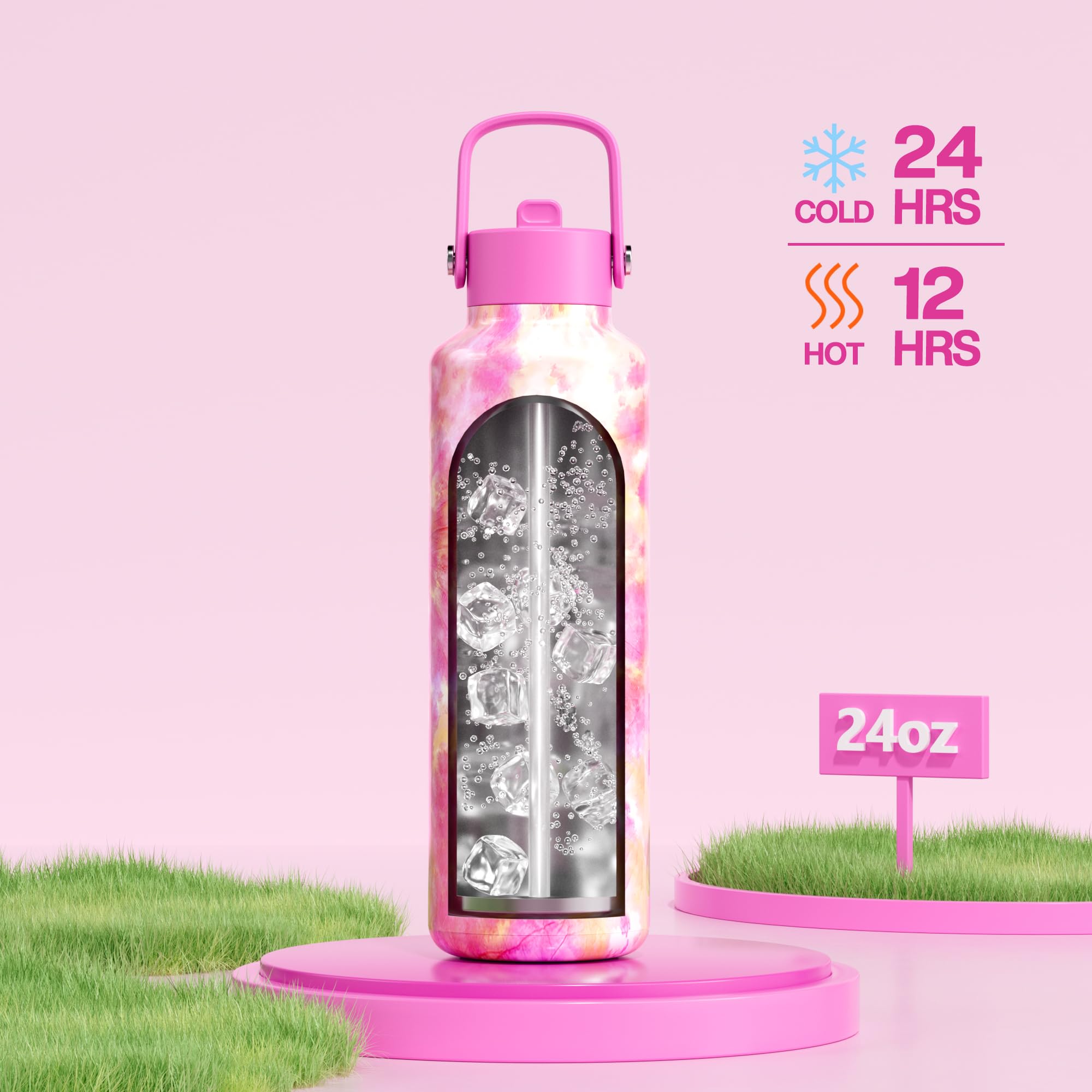 24 oz Vacuum Water Bottle for School: Lightweight, Leakproof, Flex Cap, BPA-Free, Cupholder Friendly, Vacuum Flask with Straw fo