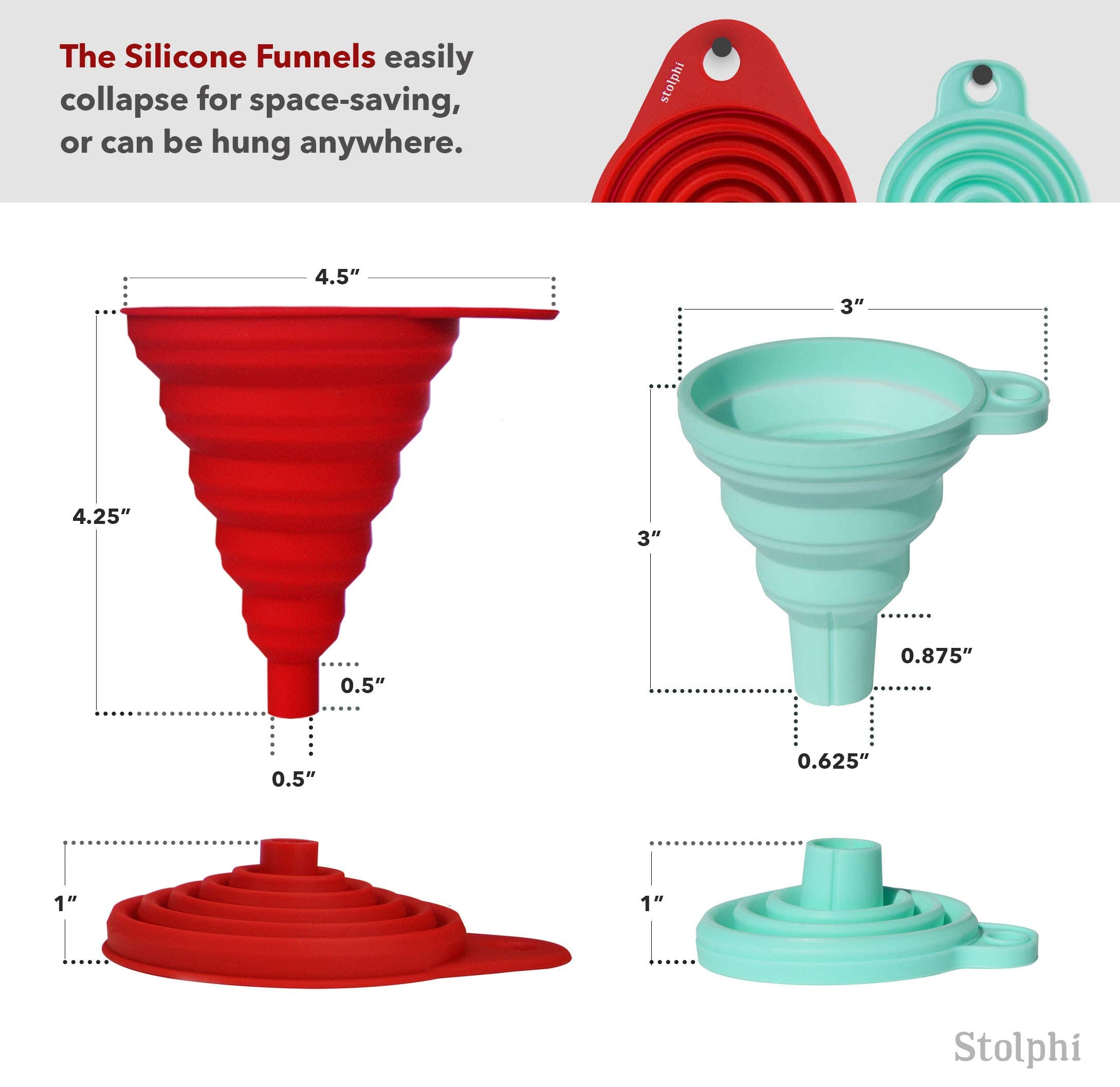 Stolphi Silicone Collapsible Funnel Set Of 3 For Filling Bottles, Liquids Or Dry Goods, Kitchen Gadgets, Food Grade, Premium Qua