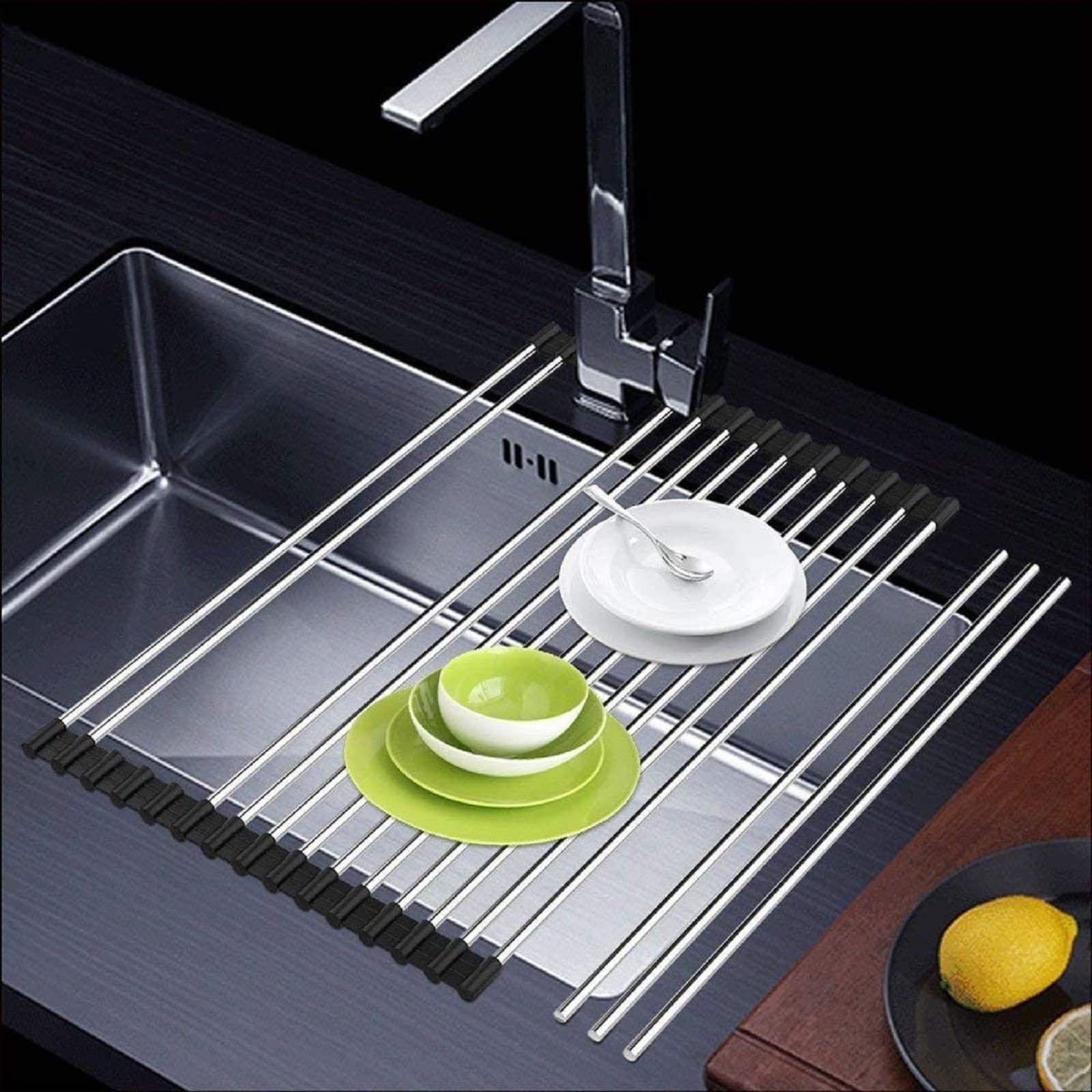 Roll Up Dish Drying Rack Over The Sink Portable Stainless Still Rolling Rack Folding Mat For Kitchen Counter (17.8''Lx11.2''W, B
