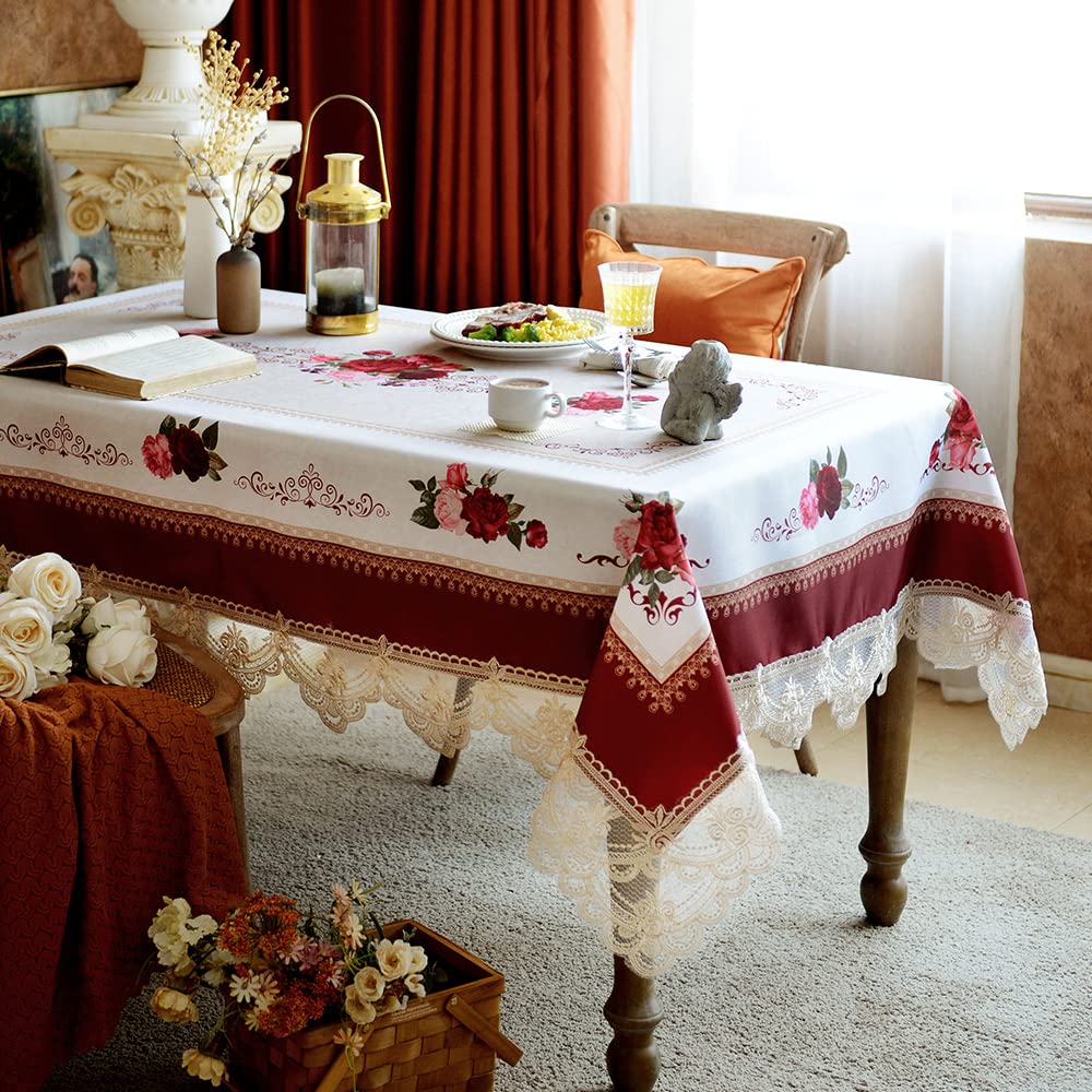 SUTAVIA Floral Lace Tablecloth Farmhouse Waterproof Fabric Table Cover Satin Resistant for Home Kitchen Dining Room Winter Holiday Christmas Party(Burgundy  Rectangle/Oblong 60 x 84 Inch 6-8 Seats)