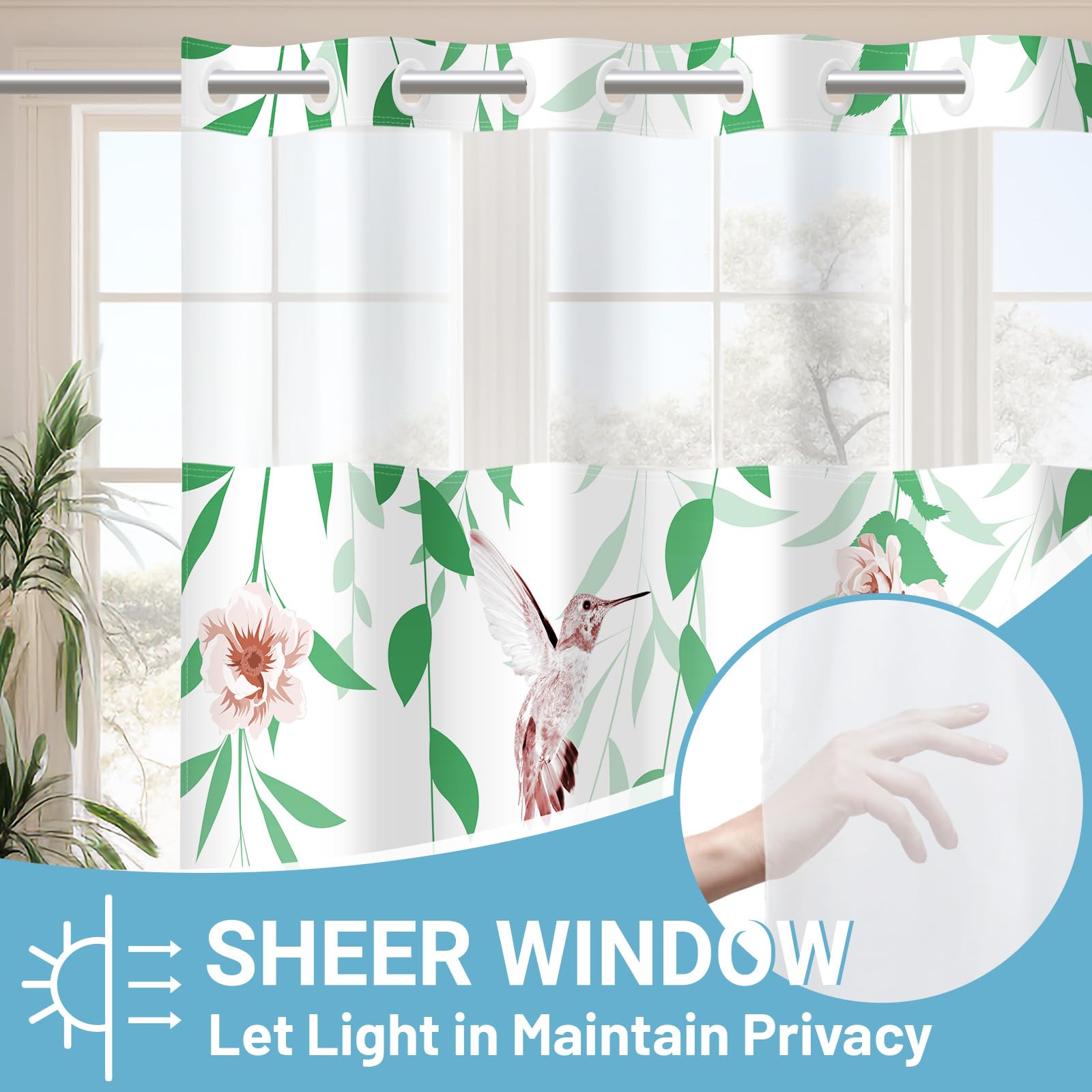 Withloc No Hook Shower Curtain With Snap In Liner - Fabric Waterproof Inner Liner, Plants Green Floral Pink Nature Birds Cloth S