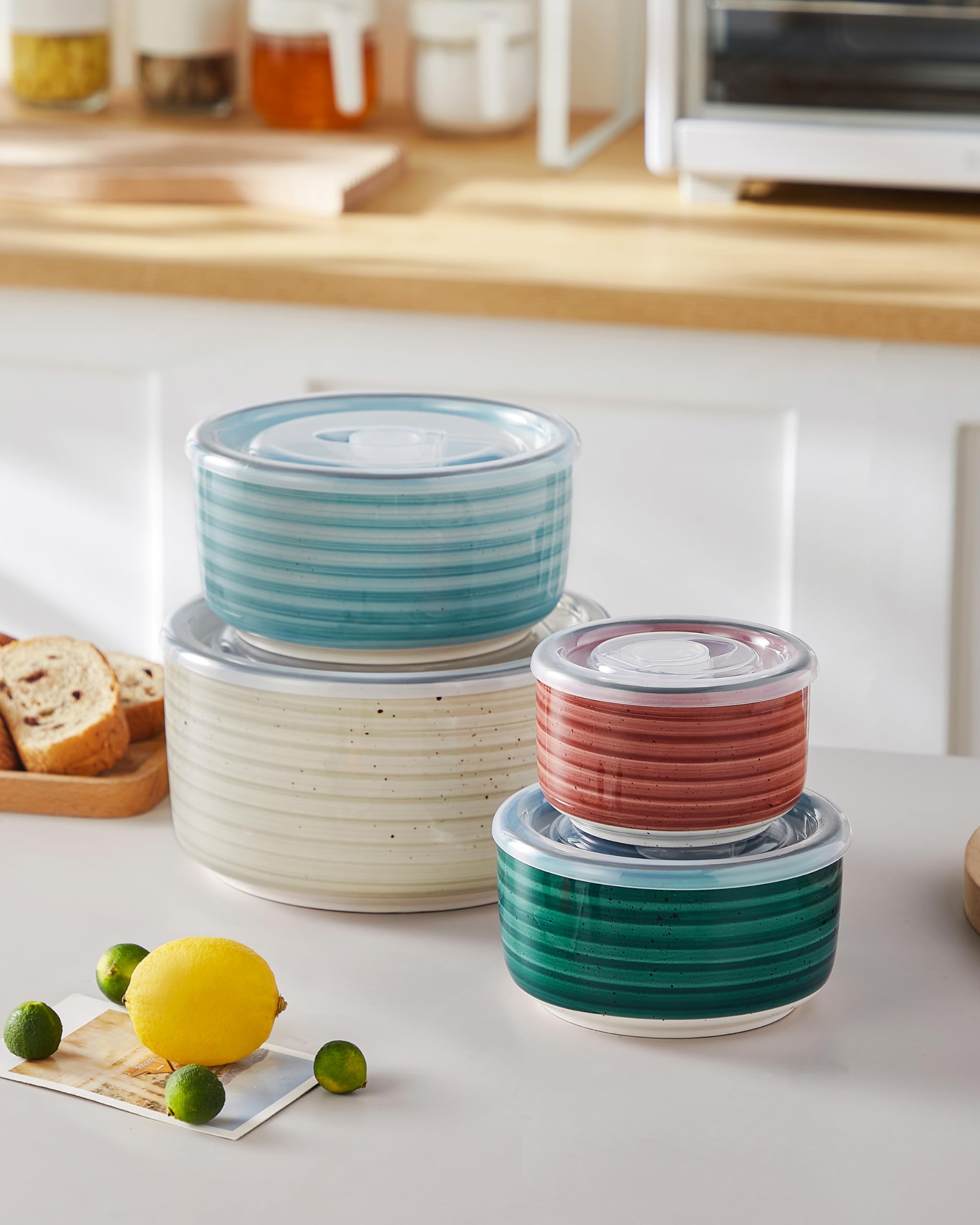 Vancasso Bonbon Ceramic Mixing Bowls With Lids Set Of 4, Multi-Color Nesting Serving Bowls For Food Prep, Storage, Microwave And