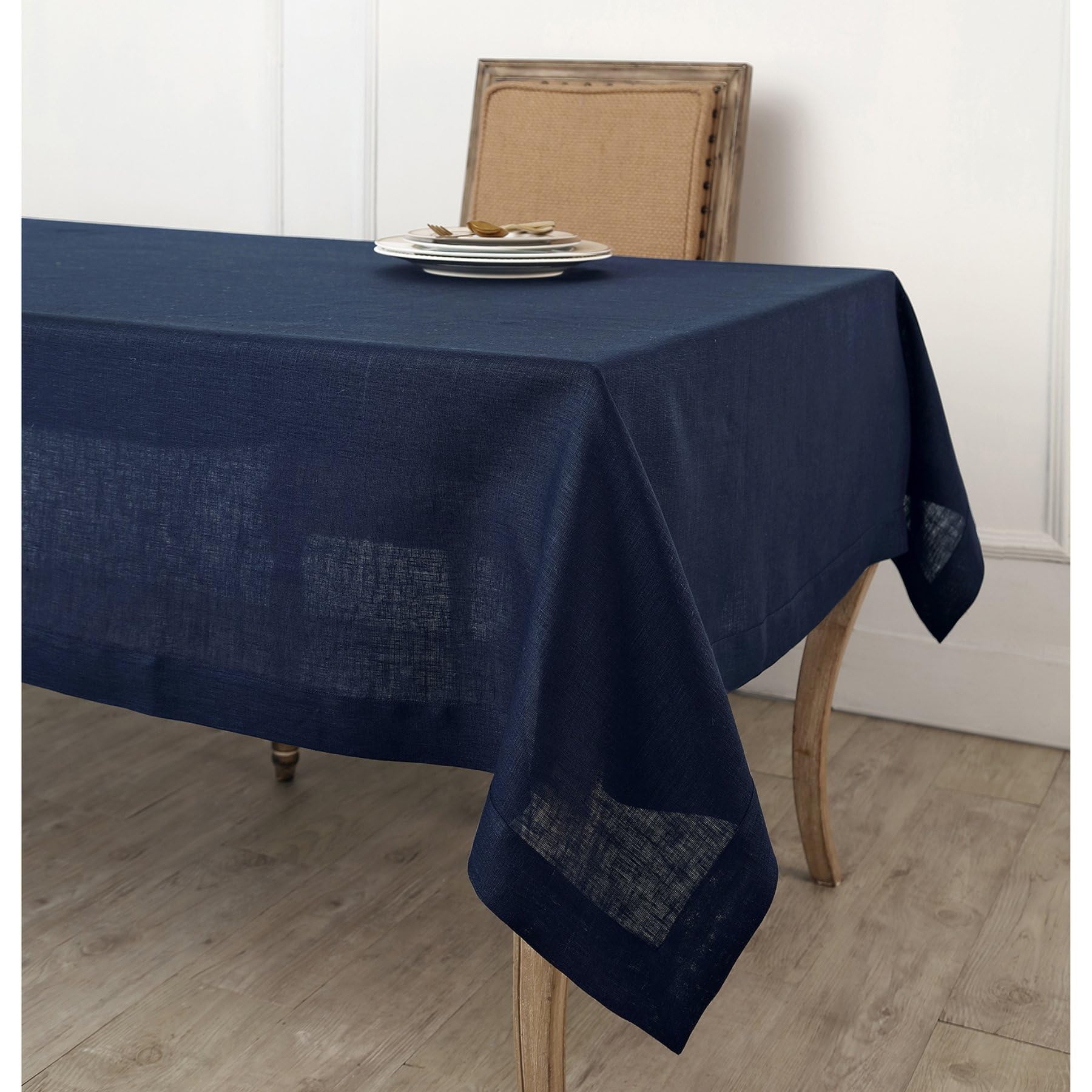 Solino Home Navy Linen Tablecloth 108 L x 60 W Inch - Fete, 100% Pure Linen Table Cloth for Rectangle Tables - Machine Washable 