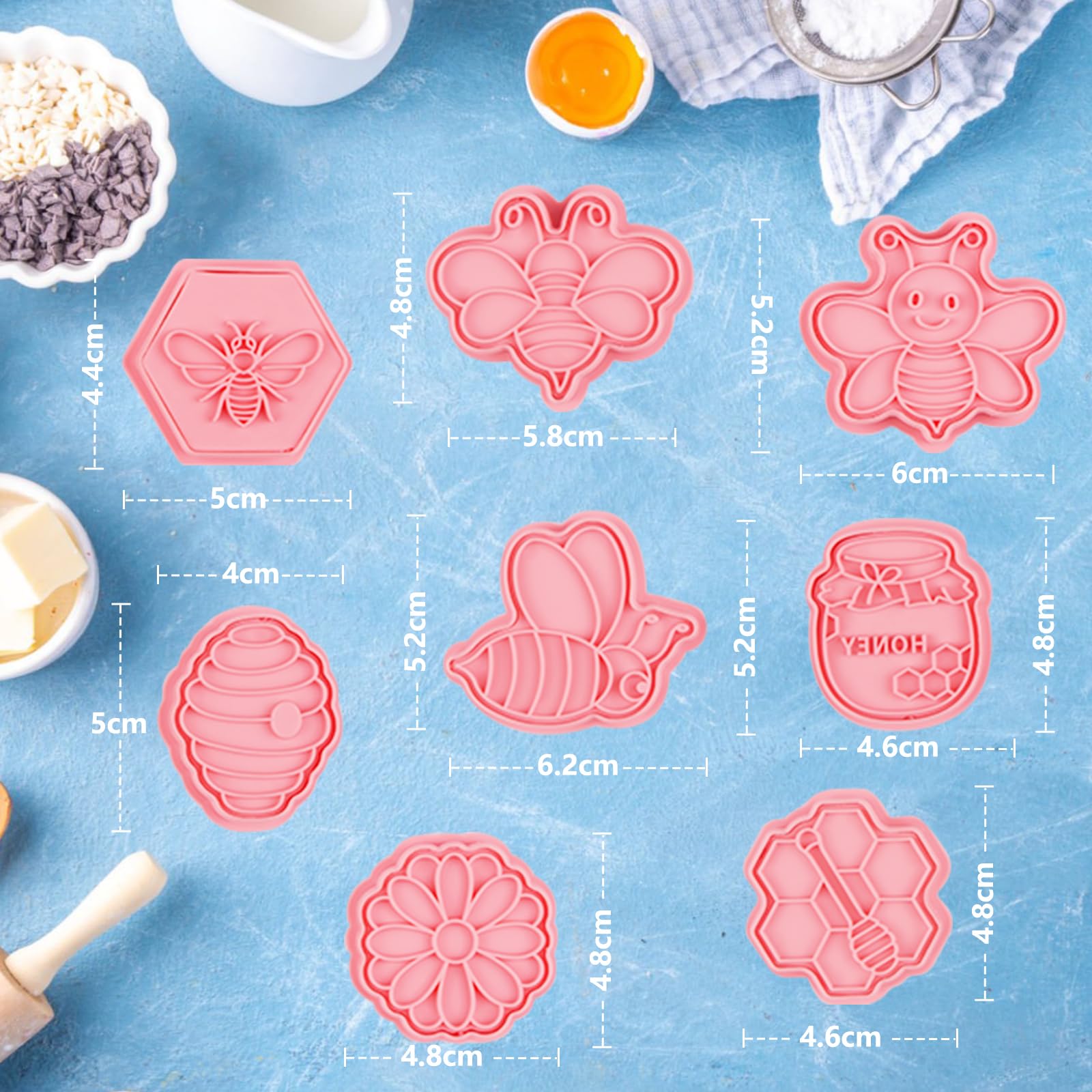 Bigqin 8 Pcs Cookie Cutters Set 3D Cute Cartoon Shapes With Honeybee Flower Cookie Mold Pink Diy Cartoon Biscuit Baking Mold Too