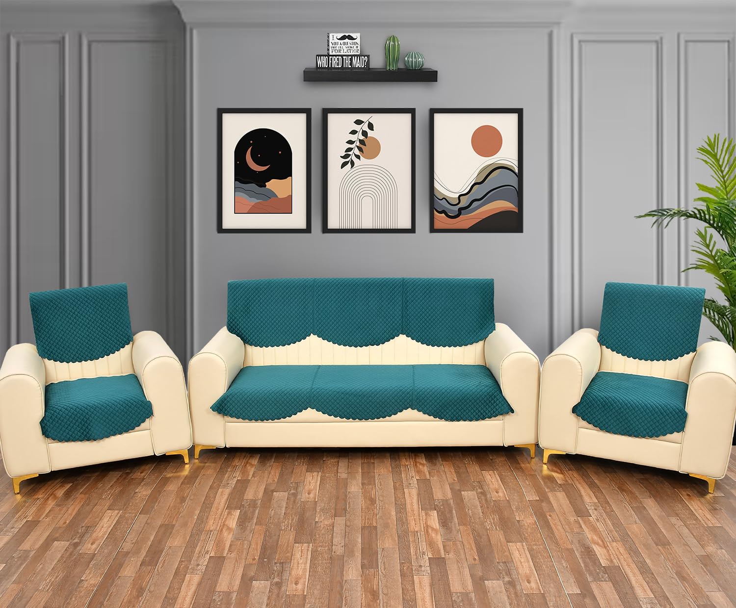 Yellow Weaves Velvet 5 Seater Self Design Quilted Sofa Cover And Chair Cover, Seat & Back Cover, Color - Teal Blue