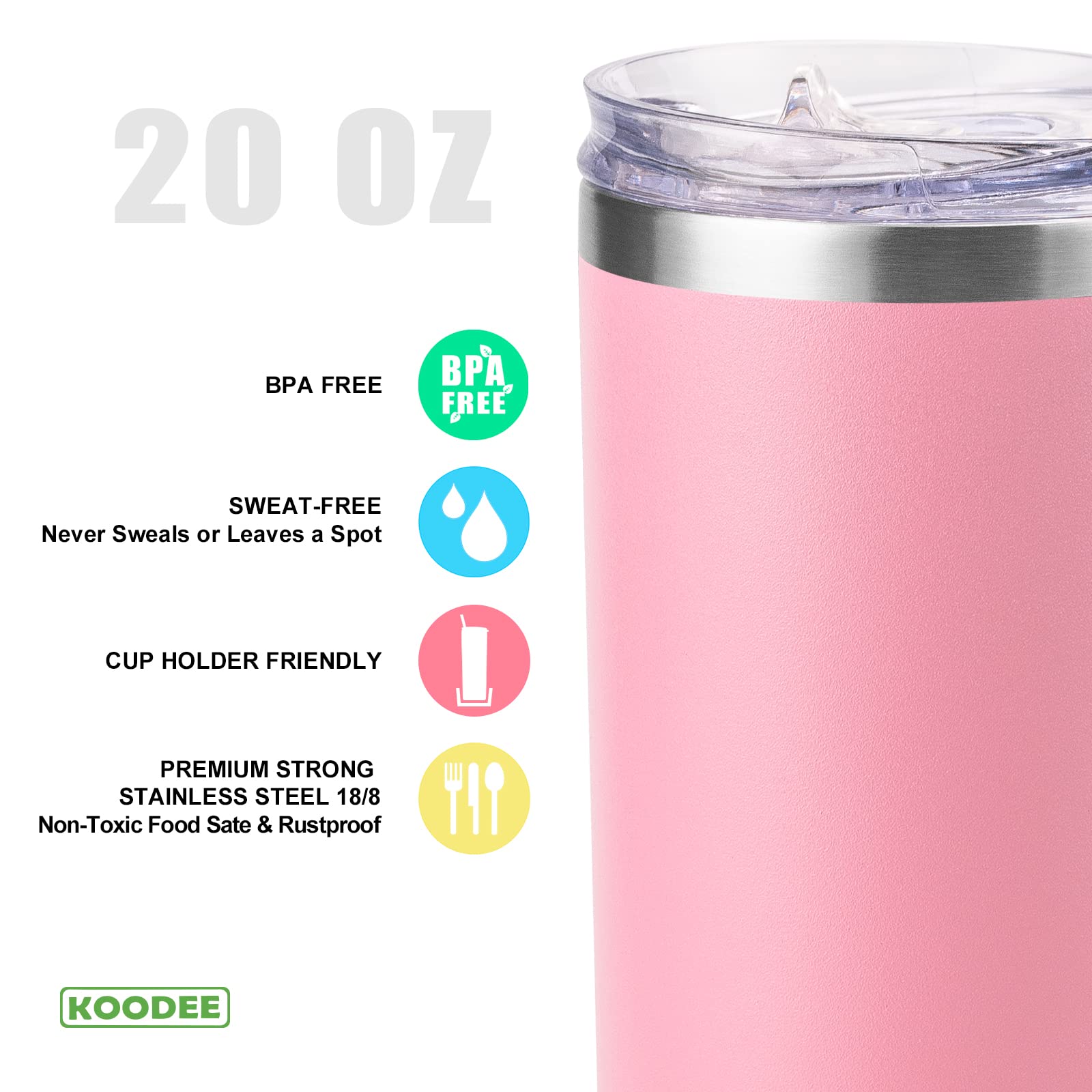 Koodee 20 Oz Stainless Steel Skinny Tumblers (2 Pack) Double Wall Insulated Water Tumbler Cup With Lid And Straw, Slim Travel Tu