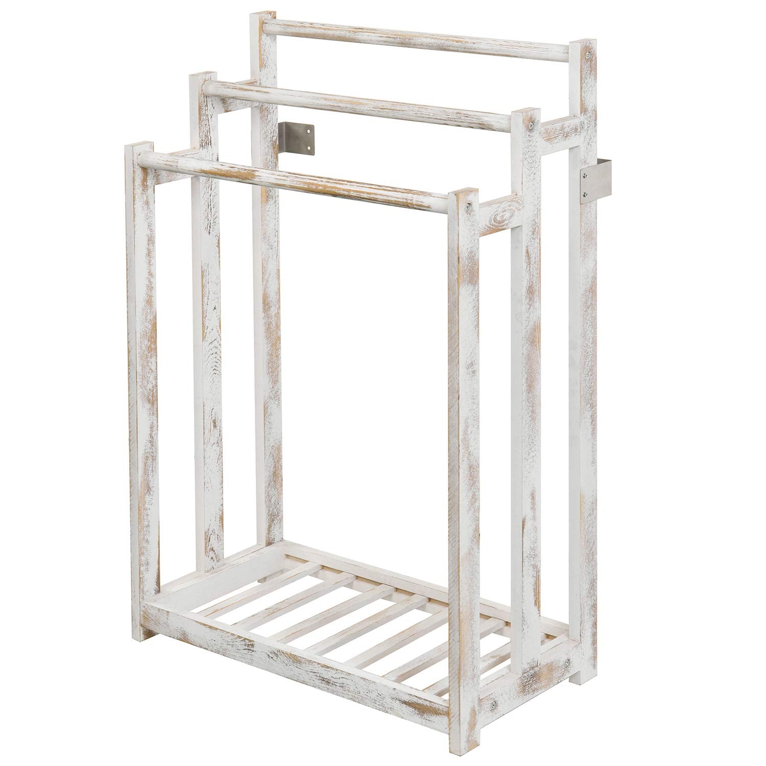 Mygift Shabby Whitewashed Wood Freestanding 3 Bar Towel Rack Holder With Bottom Storage Shelf, Laundry And Bathroom Towel Drying