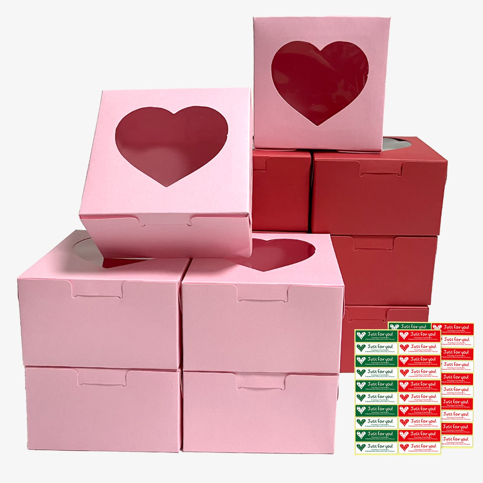 Jremreo 12 Pack 4X4X2.6 Inches Red Pink Heart Shaped Boxes With Window, Goodie Cupcake Strawberry Box For Valentine'S Day Weddin