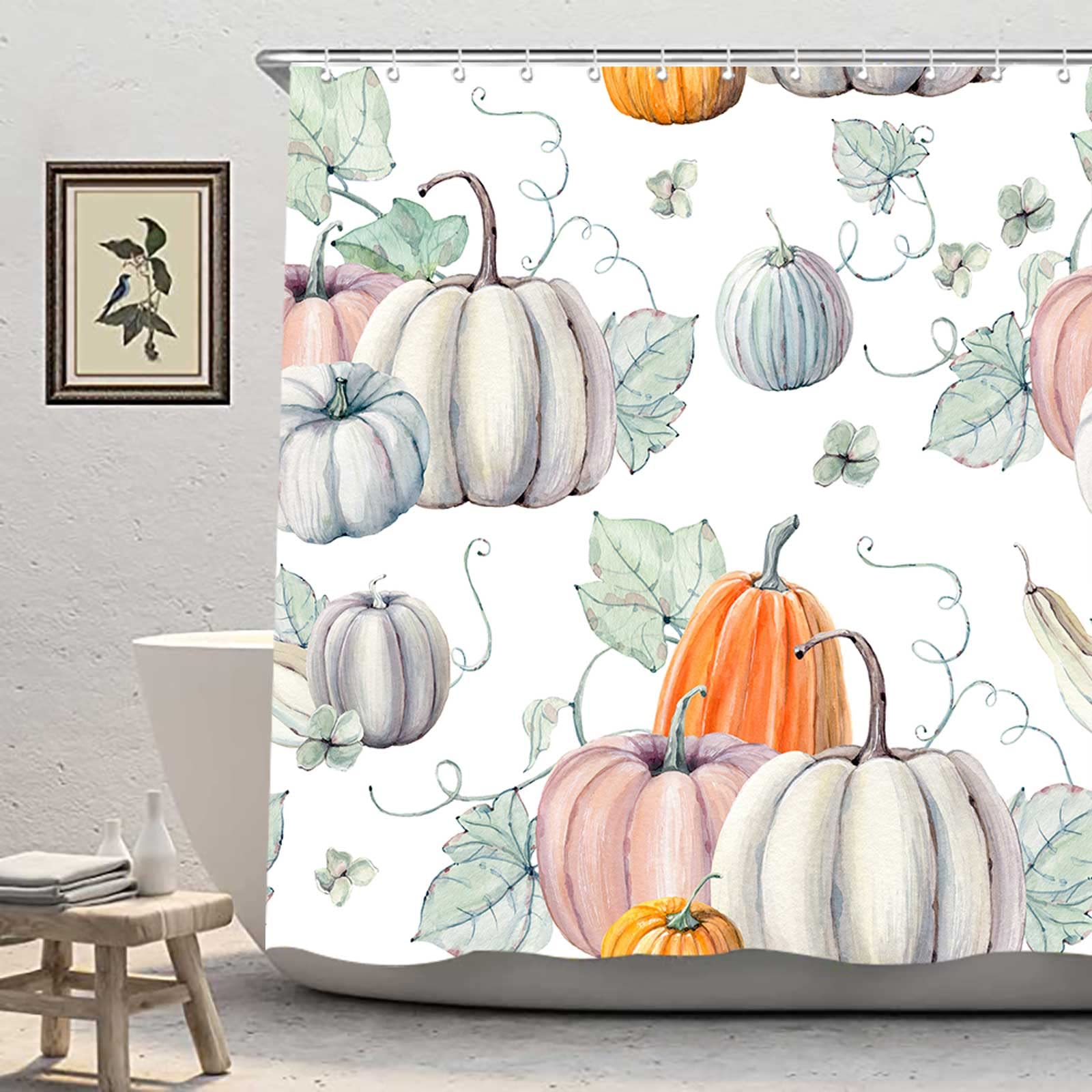 Icteisom Fall Pumpkin Shower Curtain, Autumn Harvest Thanksgiving Decoration Bathroom Shower Curtains With 12 Hooks Set 72X72 In