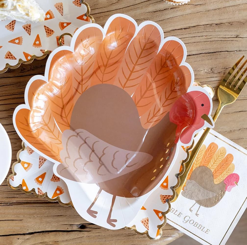 My Minds Eye Thanksgiving Dinner Plates Paper Table Decor Disposable, Gobble Gobble, Funny Turkey Decorations, Gold Foil 9 x 10