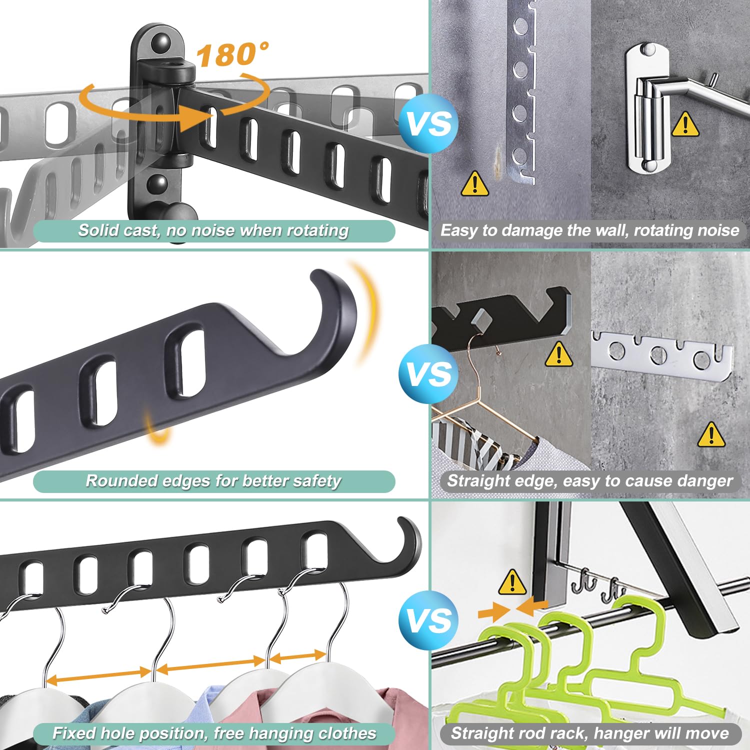 Skiken Wall Mounted Clothes Hanger With Swing Arm, Laundry Room Drying Rack, Swing Away Valet Hook, Foldable 180Rotation, Sturdy