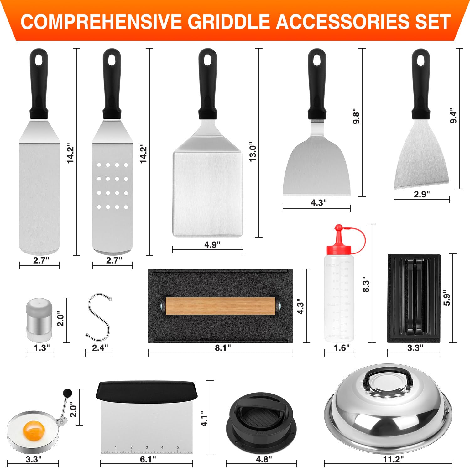 Wildone Griddle Accessories Kit - 25PCS Stainless Steel Grill Set for Blackstone & Camp Chef, Includes Spatulas, Basting Cover, Black