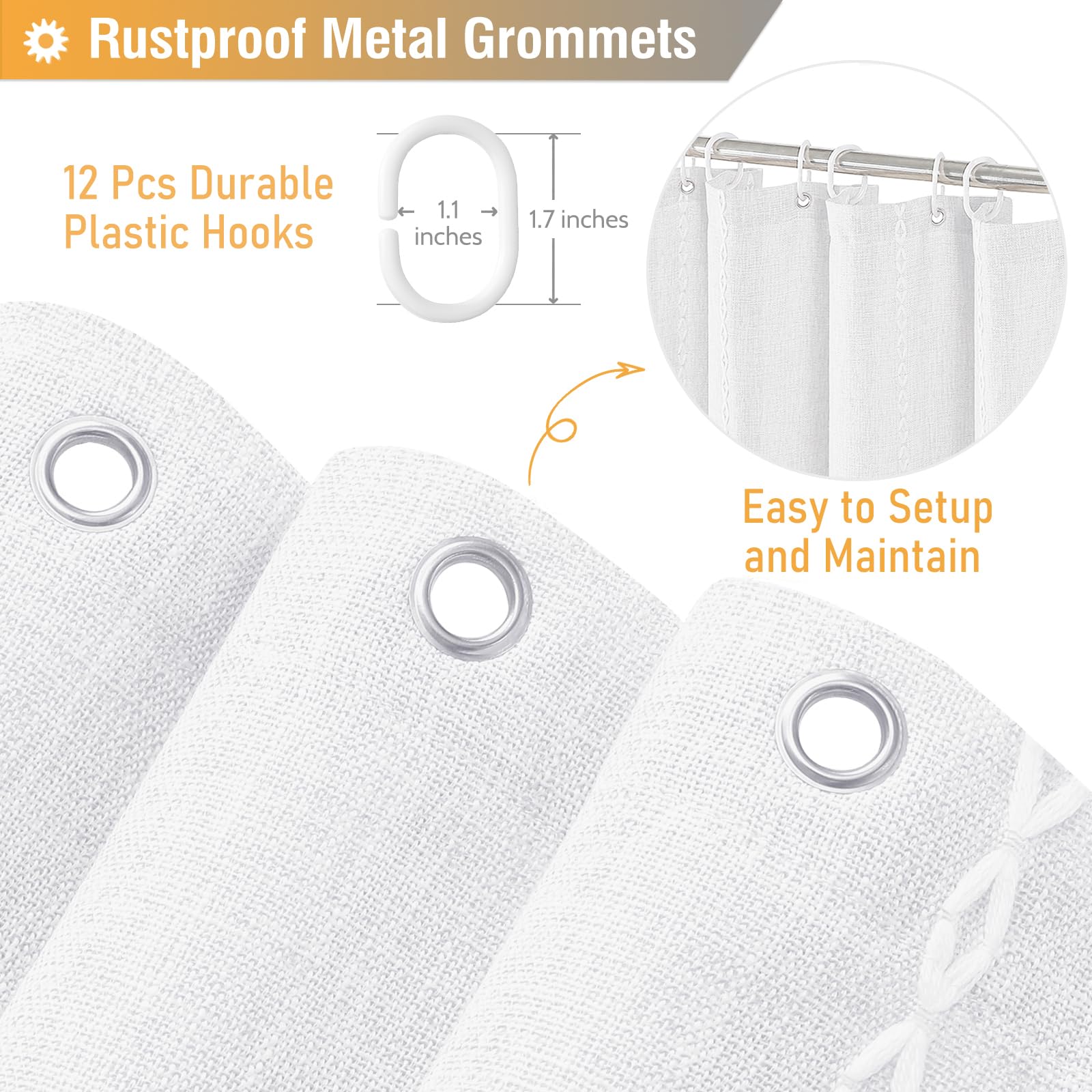 Bttn White Farmhouse Shower Curtain, Boho Linen Striped Heavy Duty Fabric Shower Curtain Set With Tassel, Bohemian Country Ultra