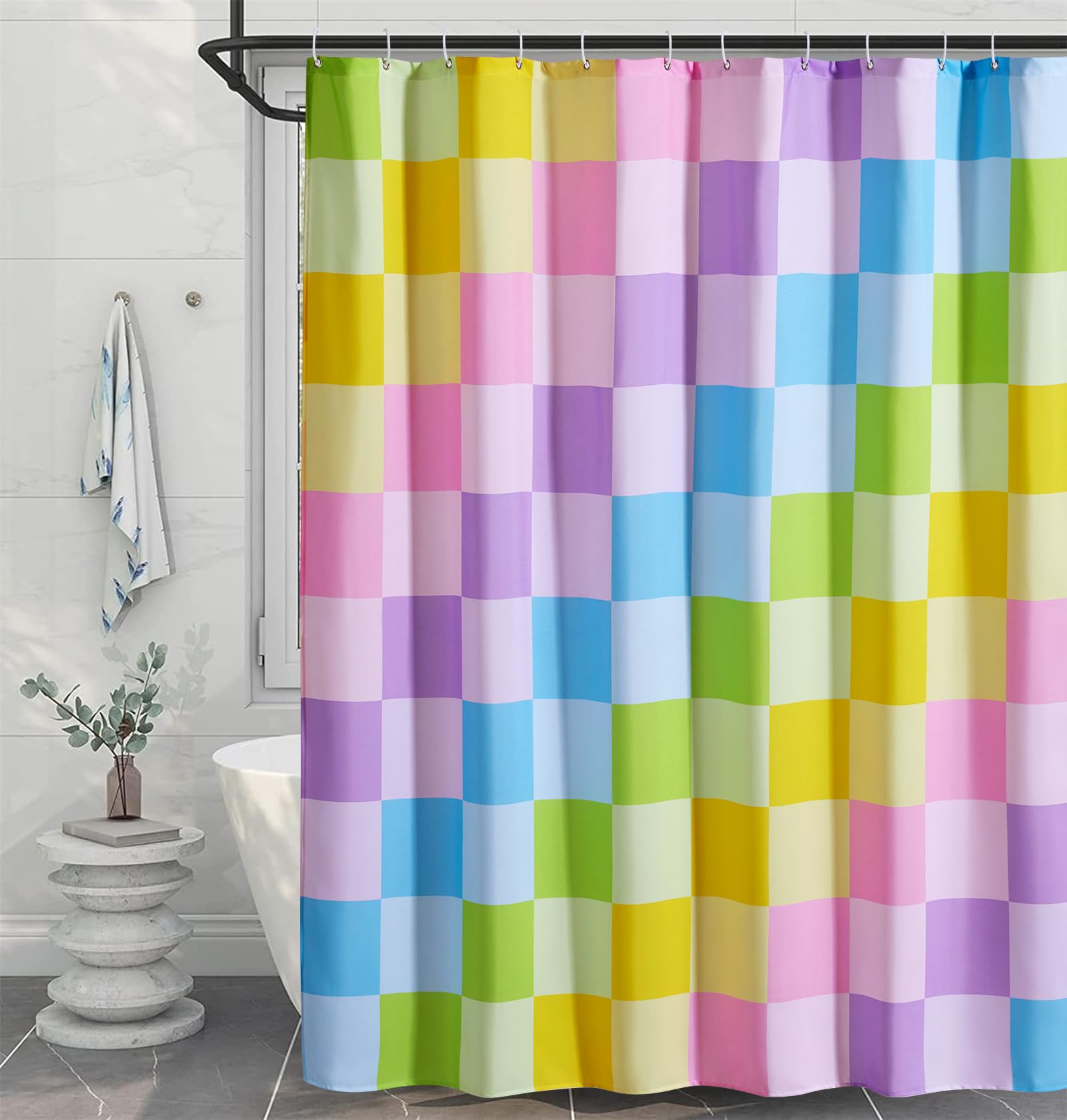 Roomtalks Multicolored Checkered Retro Fabric Shower Curtain For Bathroom, Heavy Duty Iridescent Rainbow Colorful Modern Simple
