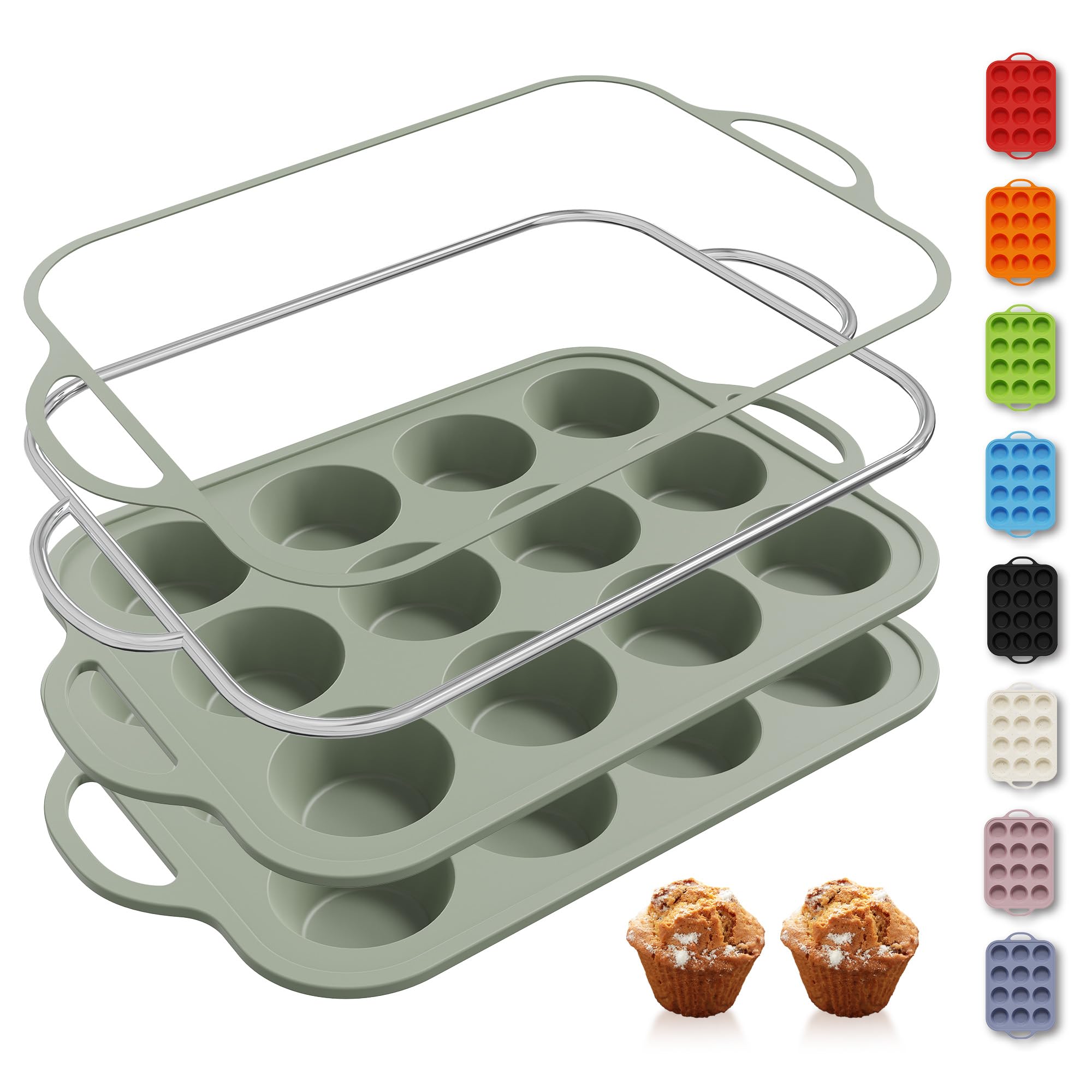 2 Packs 12 Cups Silicone Muffin Pan with Metal Reinforced Frame Regular Size Cupcake Pan Tray Egg Bites Silicone Circle Cookie M