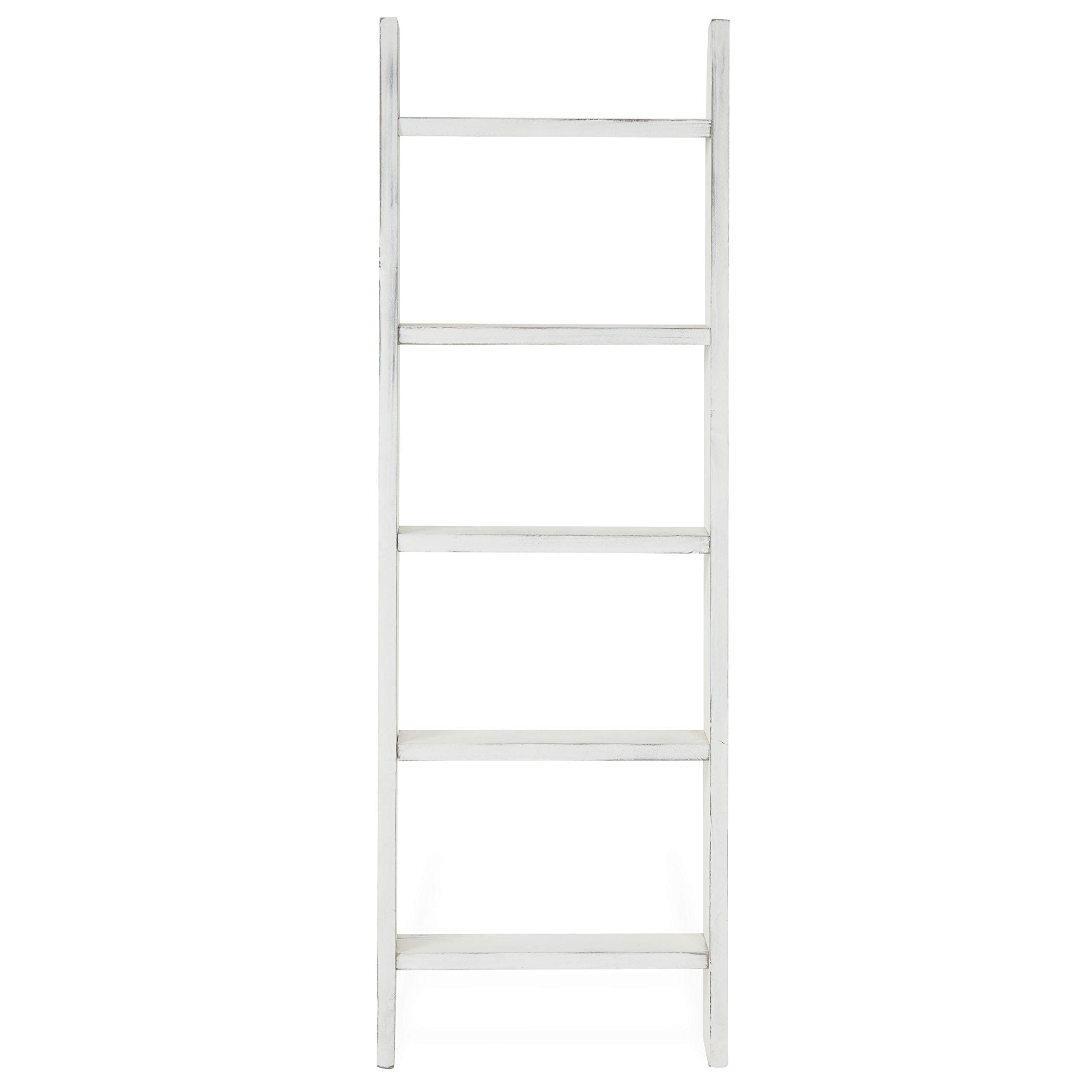 Mygift Large Whitewashed Wood Ladder Blanket Ladder, Farmhouse Style Wall Leaning Towel Rack With 5 Rungs (Vintage White)