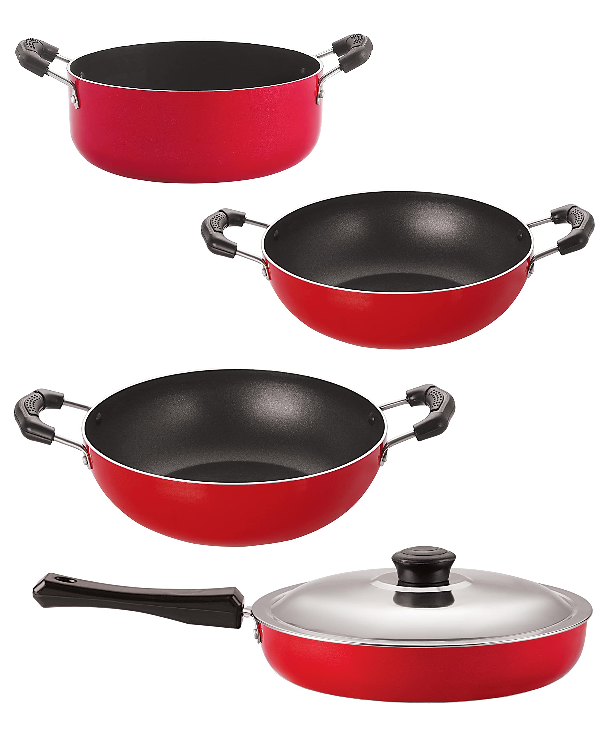 Nirlon Non Stick Cookware Set Of 4 Pieces Combo With Bakelight Handle (Fp10_Kd12_Kd14_Cs24)