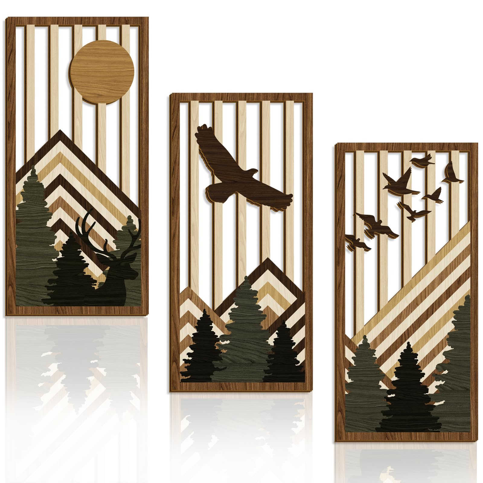 3 Pcs Wooden Boho Mountain Wall Art Mid Century Modern Wall Decor Nature Geometric Line Artwork for Living Room Rustic Home Indo