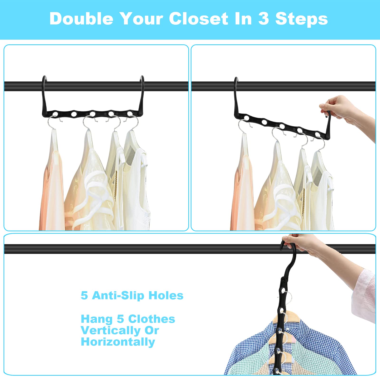 Space Saving Hangers  10PCS Magic Hangers  5 Holes Sturdy Plastic Clothes Closet Organizers and Storage  Space Saver Organization  College Dorm Room Essentials (Black)