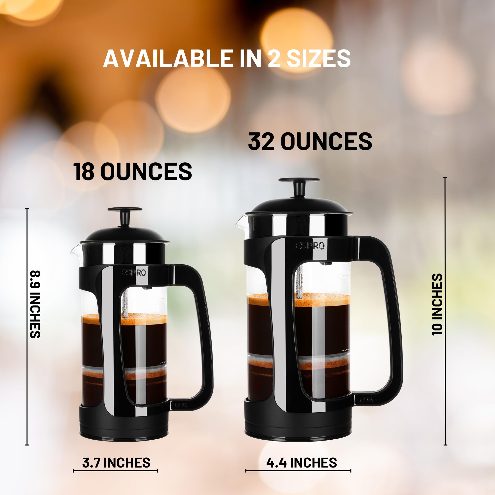 ESPRO P3 French Press Coffee Maker, 18 oz, Black, Patented Double Microfilter for Sludge-Free Coffee, Model 1418C-BK
