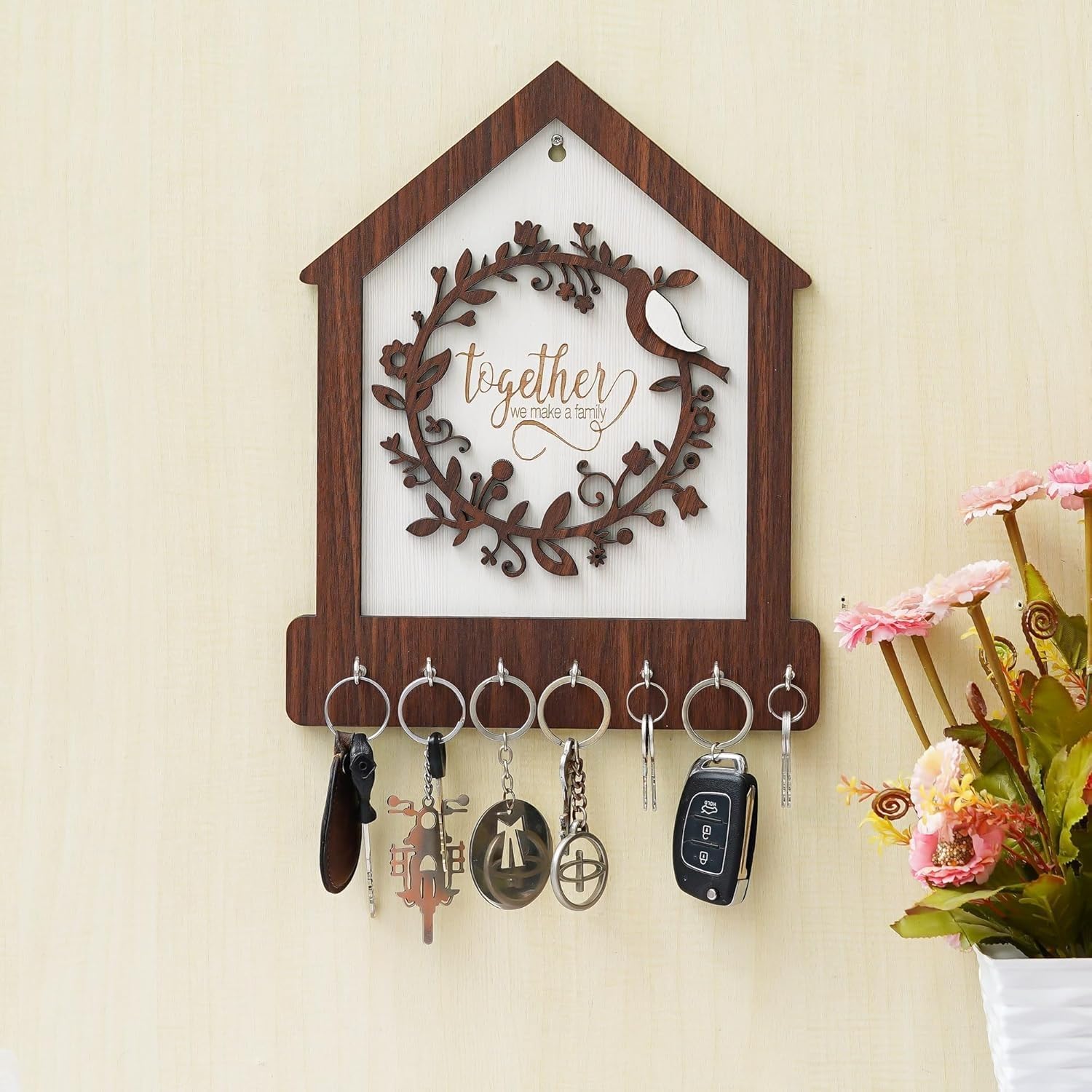 Sanvatsar Decorative Wooden Key Holder for Wall, Floral Design, 7 Hooks, Together Family Quote (Home Together 4)