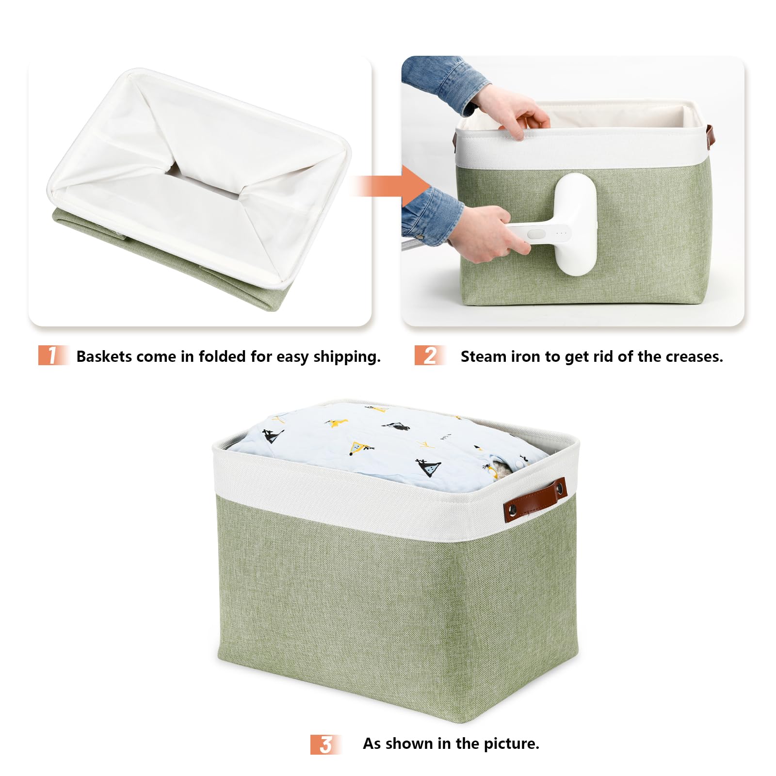 Dullemelo 16 Inch Fabric Storage Basket, Decorative Storage Boxes With Leather Handle For Closet Shelf Nursery, Collapsible Line