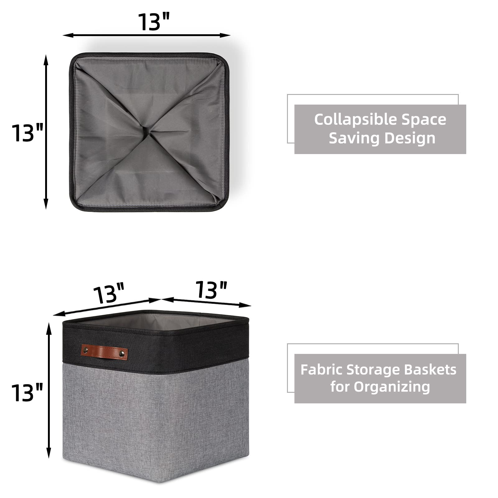 HNZIGE 13x13x13 Storage Baskets (4 Pack) Large Fabric Storage Cubes for Shelves  Storage Cube Bins for Gift with Leather Handles for Home  Clothes Baskets for Storage Toys  Kids Room  Closet (White&Black)