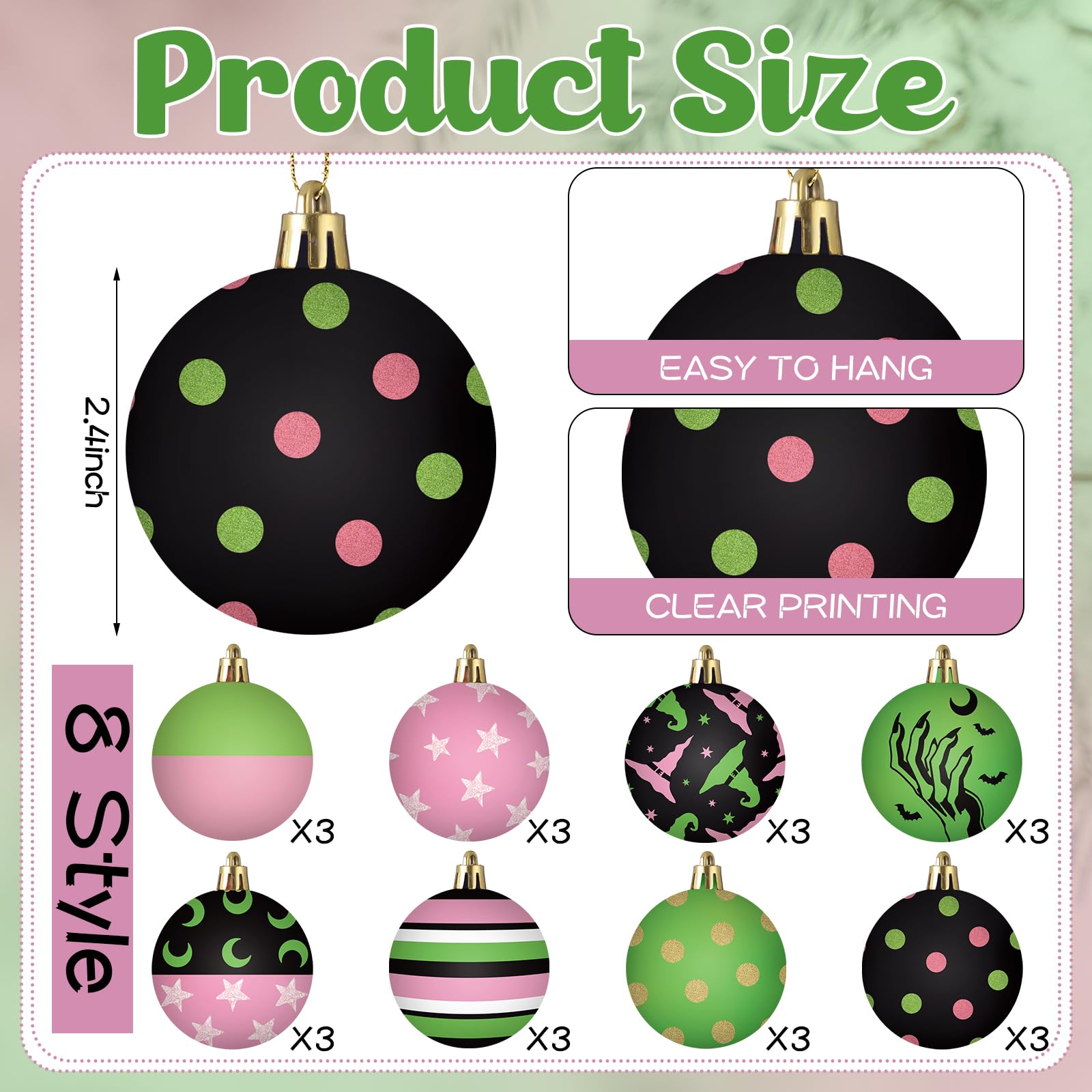 Janinka 24 Pcs Christmas Tree Ball Ornaments 2.4 Inch Witch Pink and Green Plastic Hanging Ornaments Pendants Baubles for Xmas T