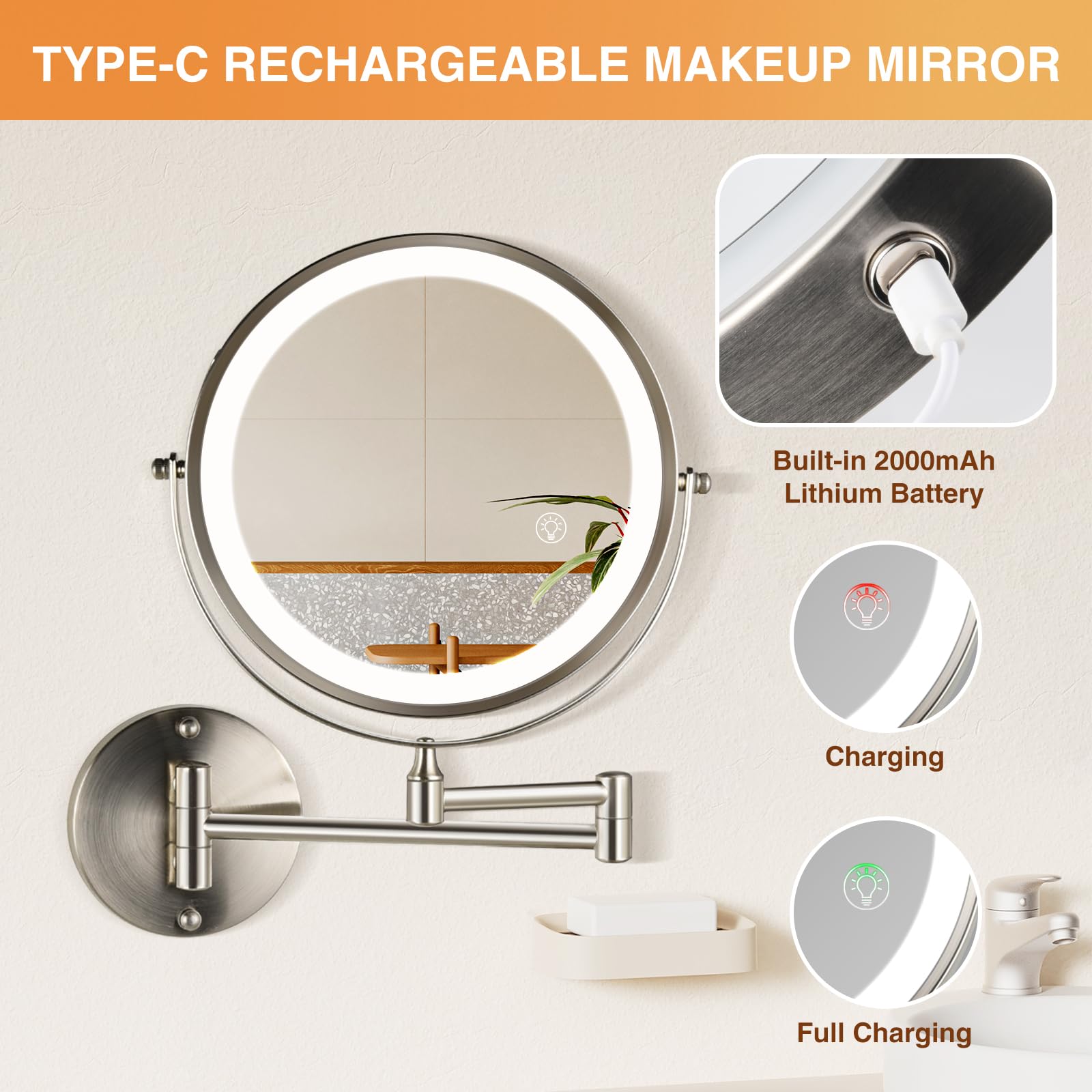 Vorremirr 8.5 Inch Rechargeable Wall Mounted Makeup Mirror Brushed Nickel, Double Side Dual-Touch 1X/10X Magnifying Mirror With