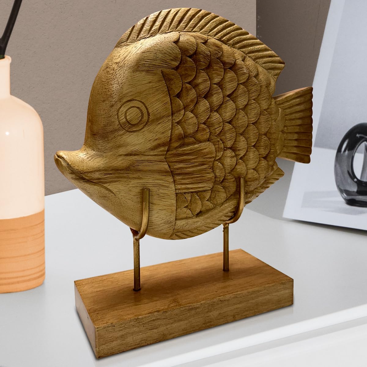 Decozen Handcrafted Solid Wood Lucky Fish Sculpture From Daughter, Son, Husband - Ideal For Home, Mantel, Fireplace, And Foyer D