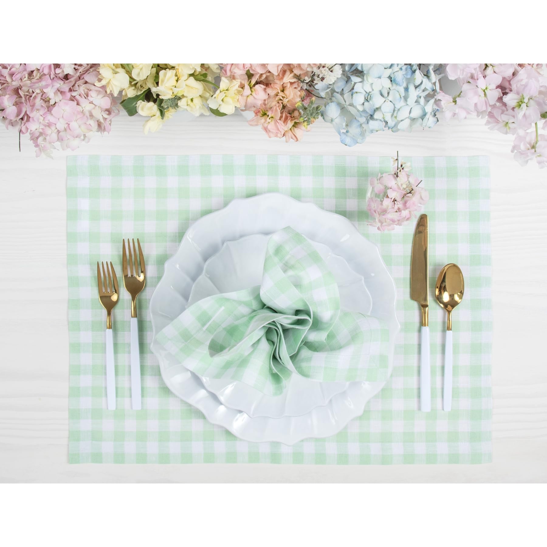 Solino Home Linen Placemats 14 X 19 Inch - 100% Pure Linen Celadon Plaid Cloth Placemats Set Of 4 - Gingham Check, Washable Fabr