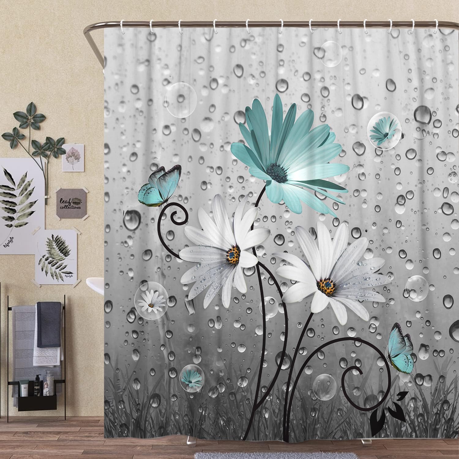 Xguatan Rustic Farmhouse Teal Floral Shower Curtain, Farm Teal Daisy Flowers And Butterfly Shower Curtain For Bathroom, Country