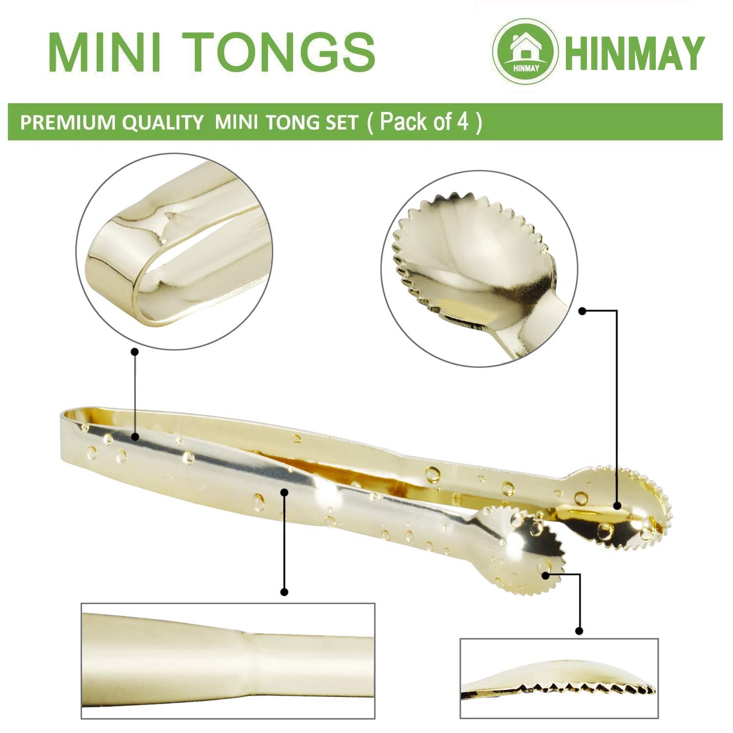 Hinmay Mini Appetizer Tongs 5-3/4 Inch Small Serving Tongs, Set Of 4 (Gold)