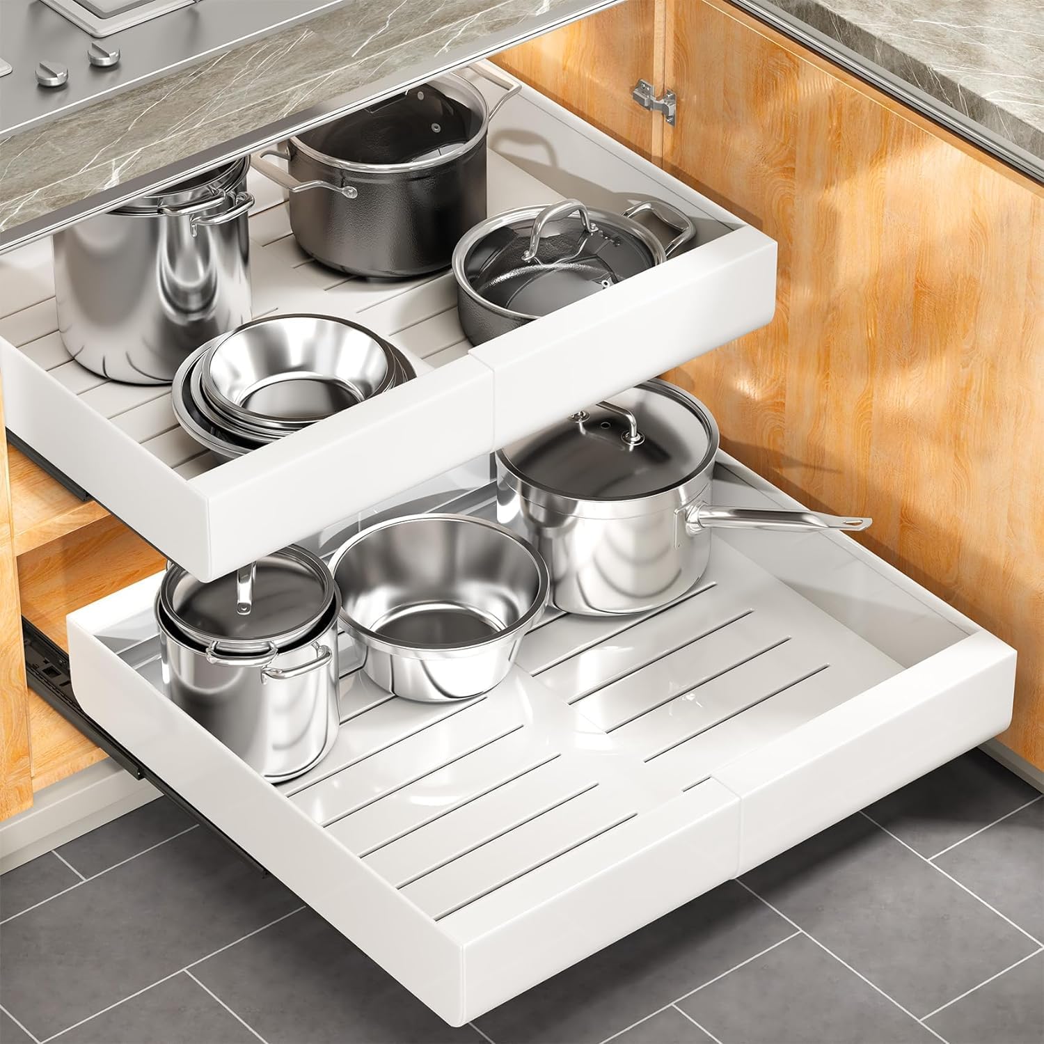 Pull out Cabinet Organizer, Expandable(12-20) Heavy Duty Slide out Drawers Fixed with Adhesive Nano Film for Pots, Roll out Shel