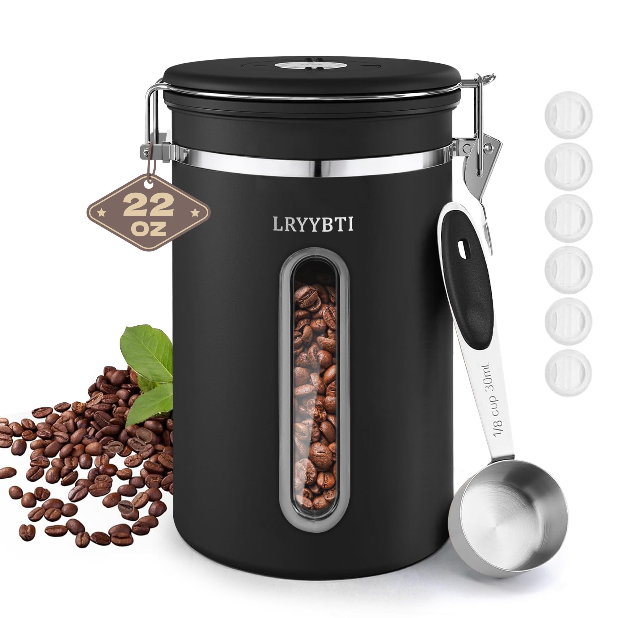 Coffee Canisters with Window,Scoop and Airtight Lid Stainless Steel Kitchen Bean Storage Grounds Container(22OZ/Black)Date Track