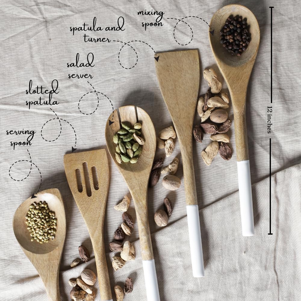 The Art Box Wooden Spoons For Cooking Set 5 For Baking, Natural Wood Solid Corner Spoon Slotted Turner Spatula Cooking Utensils
