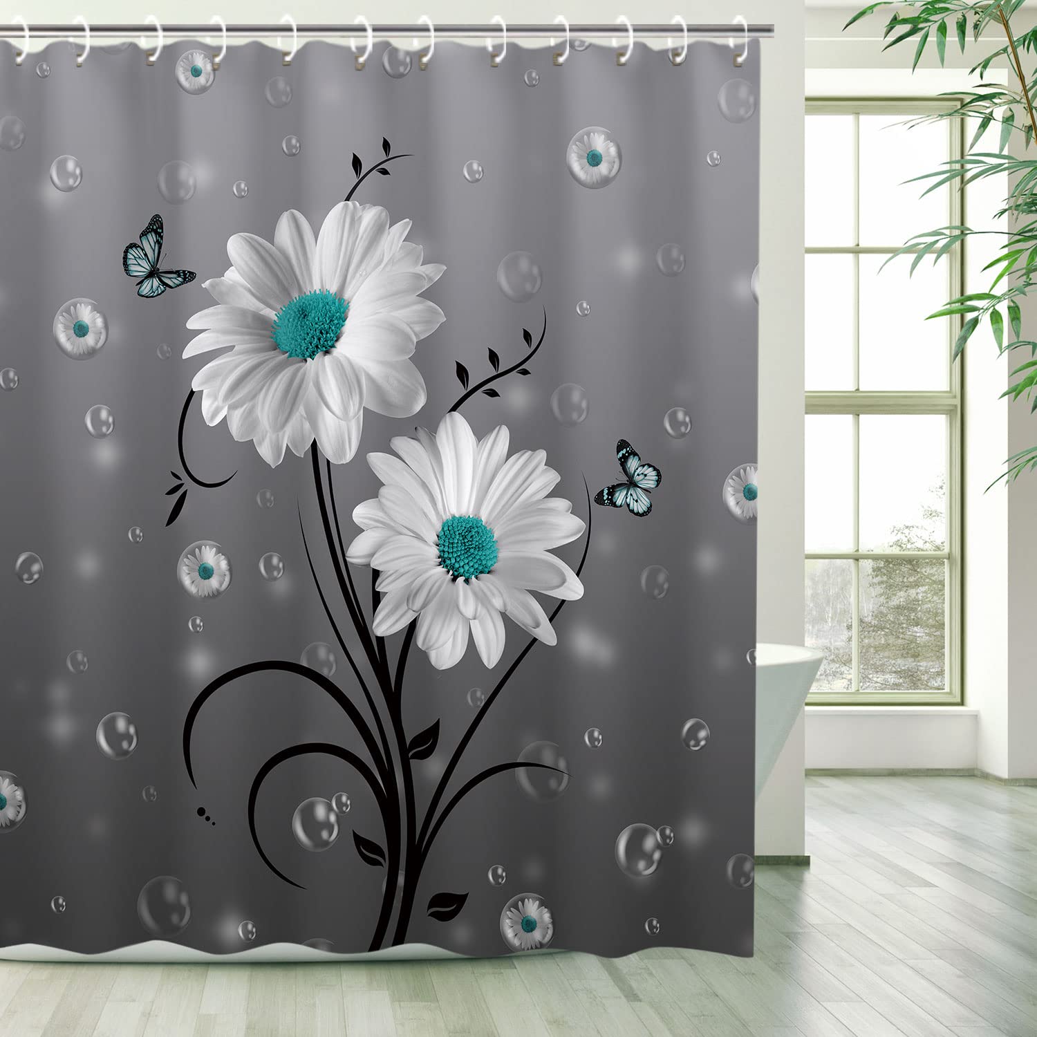 Rosielily Daisy Shower Curtain Floral Shower Curtain Gray Shower Curtain White Floral Butterfly Shower Curtain For Bathroom Rust