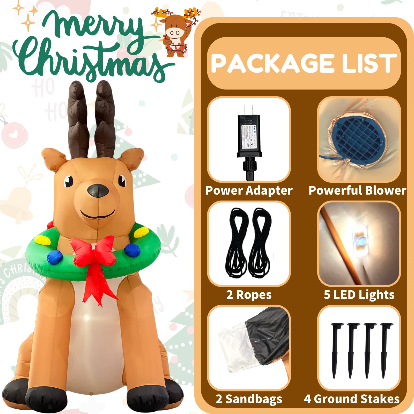 Christmas Inflatables Outdoor Decorations, 7FT Giant Reindeer Inflatable Yard Decor, Cute Xmas Blow Up Deer with Led Lights for