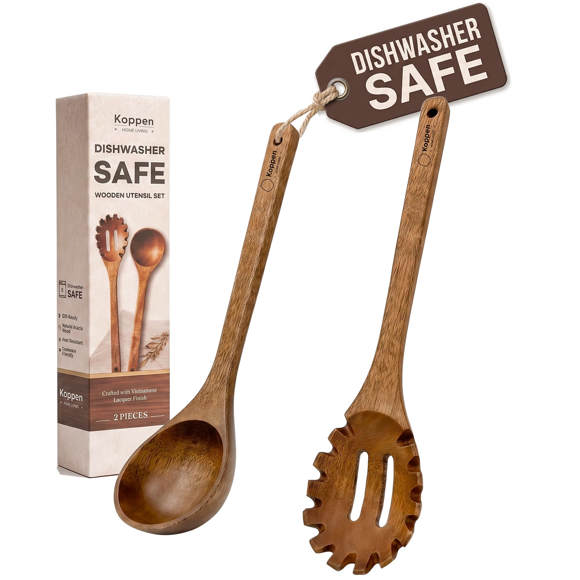 Koppen Dishwasher Safe Acacia Wood Soup Spoon & Pasta Spoon Set, 2 Pcs Non Toxic Wooden Kitchen Utensils for Nonstick Cookware, 