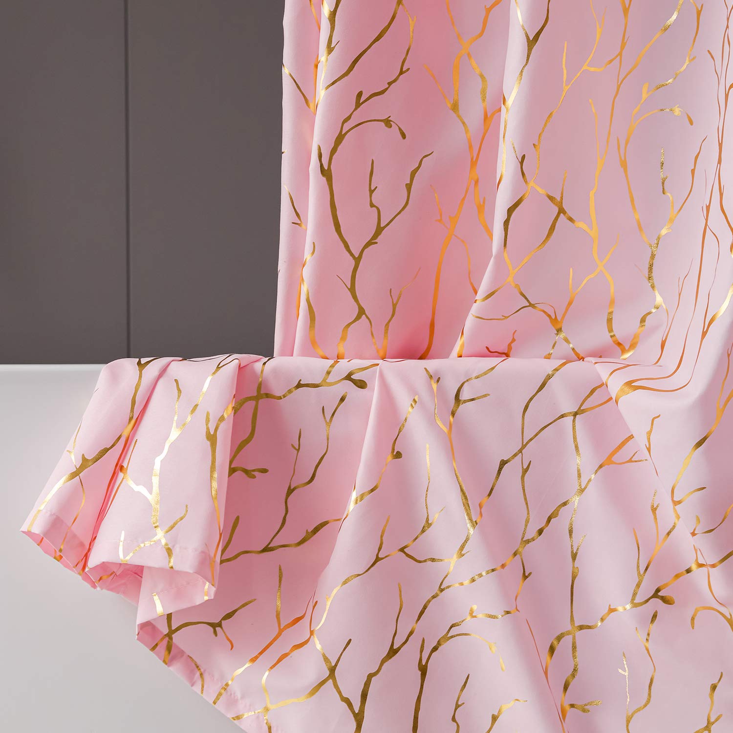 Finecity Tree Fabric Shower Curtain - Metallic Gold Foil Branch Pattern Print Pink Shower Curtain 72 Inch Long, Grommet Shower C