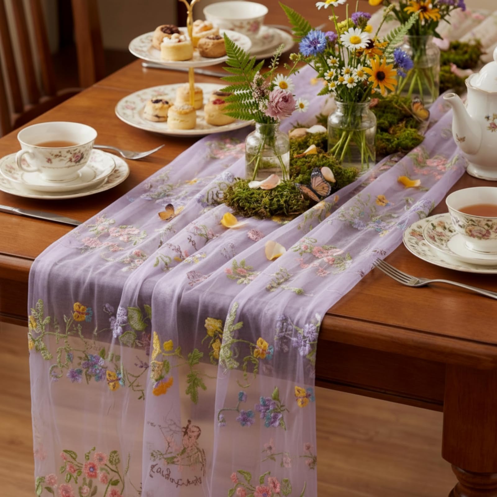 Windkream Purple Floral Table Runner 10ft Embroidery Tulle Spring Wildflower Gauze Table Runner Seasonal Summer Butterfly Kitche