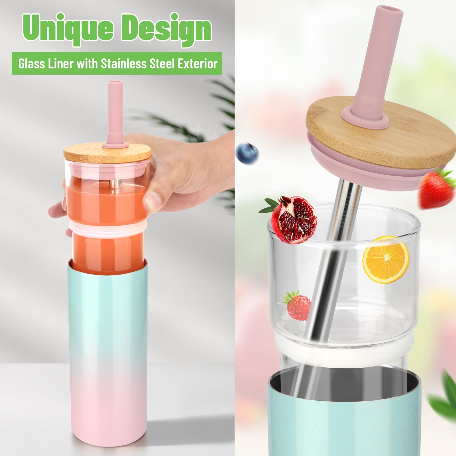 Tronco 20 Oz Double Walled Insulated Glass Tumbler With Straw And Lid, Vacuum Stainless Steel Outer, Reusable Insulated Iced Cof