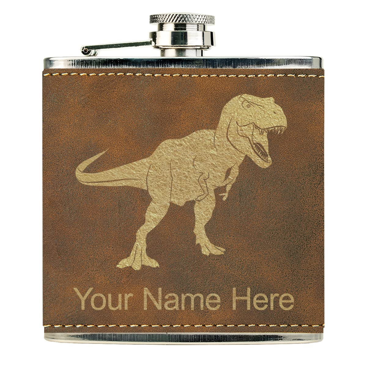 Faux Leather Flask, Tyrannosaurus Rex Dinosaur, Personalized Engraving Included (Rustic)