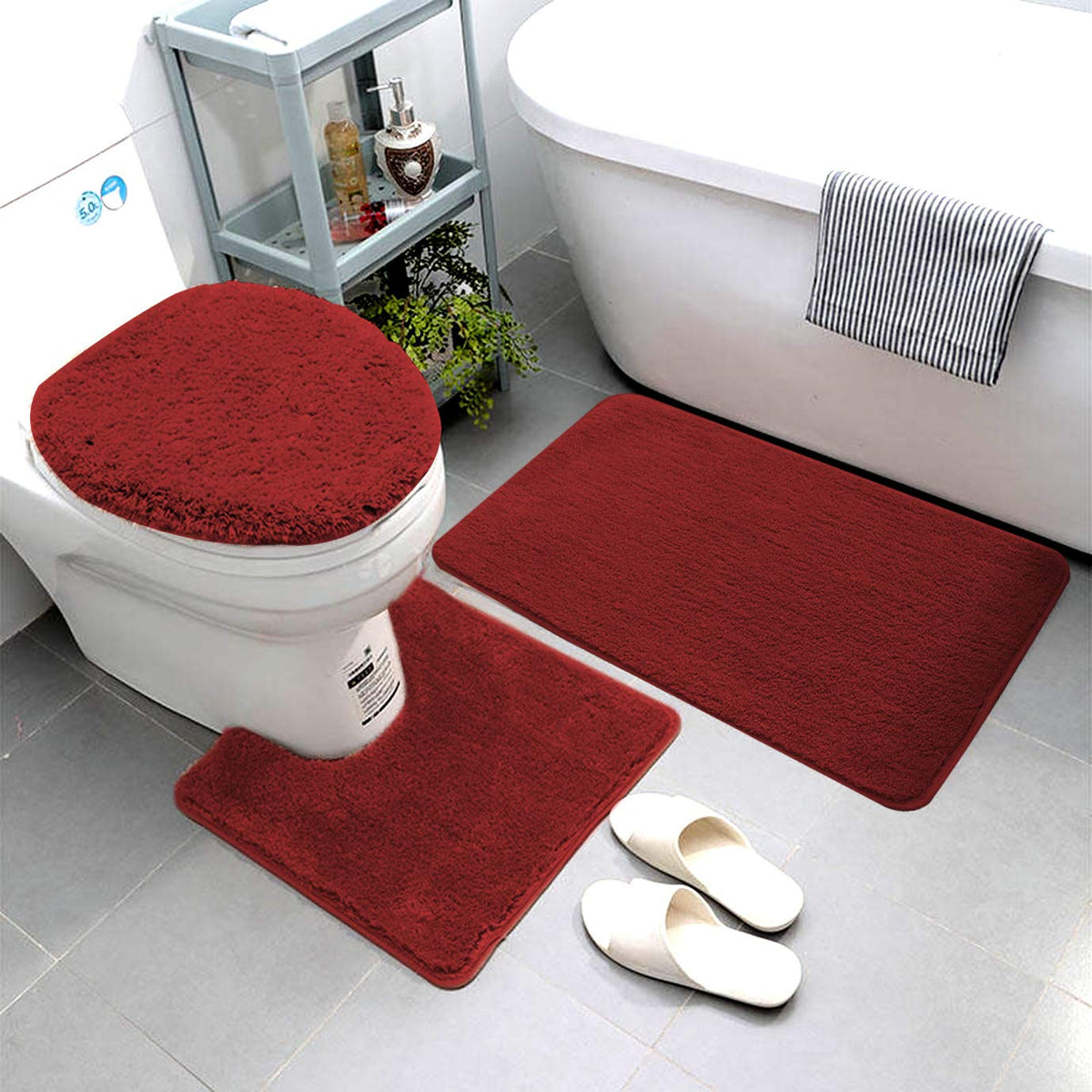 Luxury Home Goods 3 Piece Solid Super Soft Microfiber Bathroom Rug Set Includes Bath Rug, Contour Mat, And Toilet Lid Cover, Non
