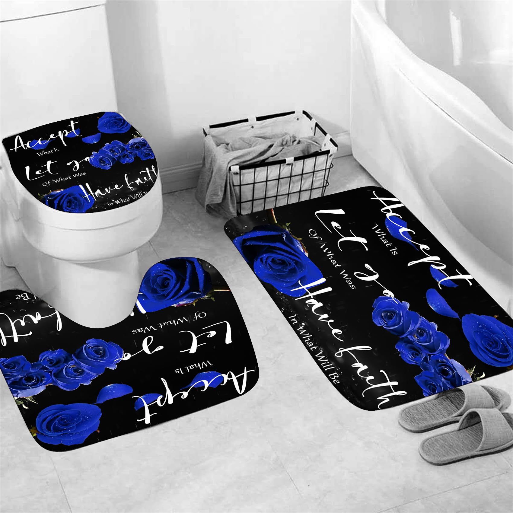 Yddsky 4 Pcs Blue Rose Shower Curtain Sets Non-Slip Rugs Bath Mat Toilet Cover U Shaped Mat Thankful Grateful Blessed Black Blue