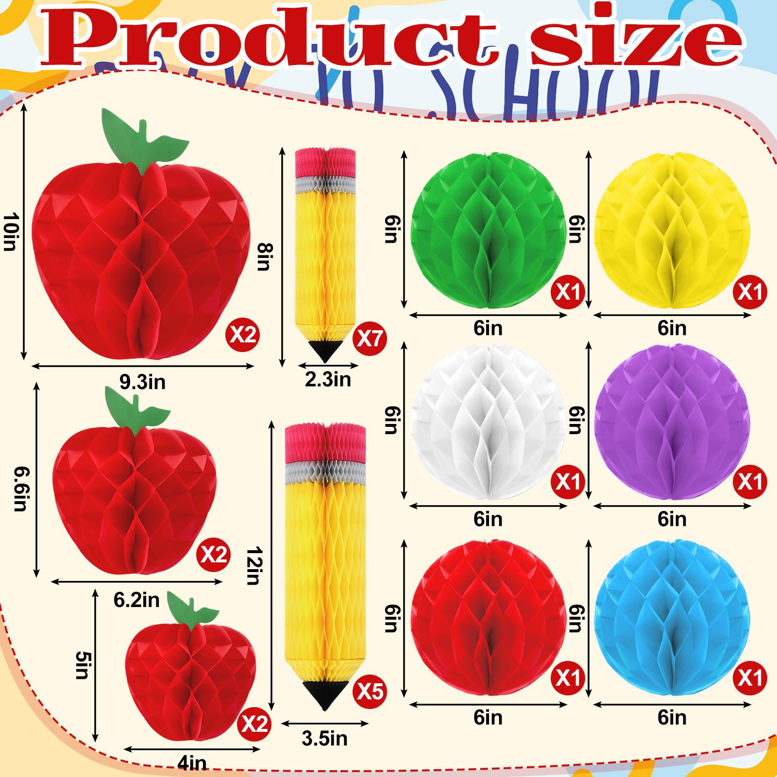 Seenelling 24 Pcs Back To School Decorations Honeycomb Centerpiece Include 12 Pencil Hanging Honeycomb 6 Fruit Shaped Paper Hone