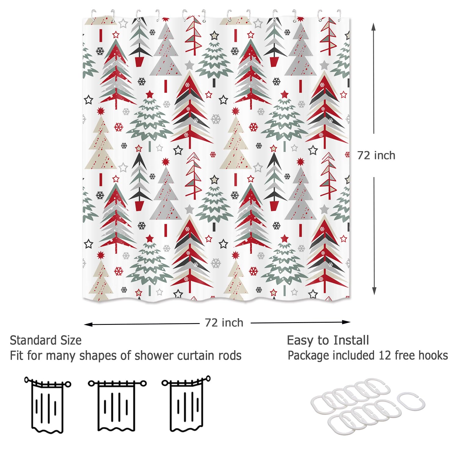 PAOPOED Christmas Tree Shower Curtain 72"x72" Waterproof Polyester Bathroom Curtain Set with Hooks, Model SC114