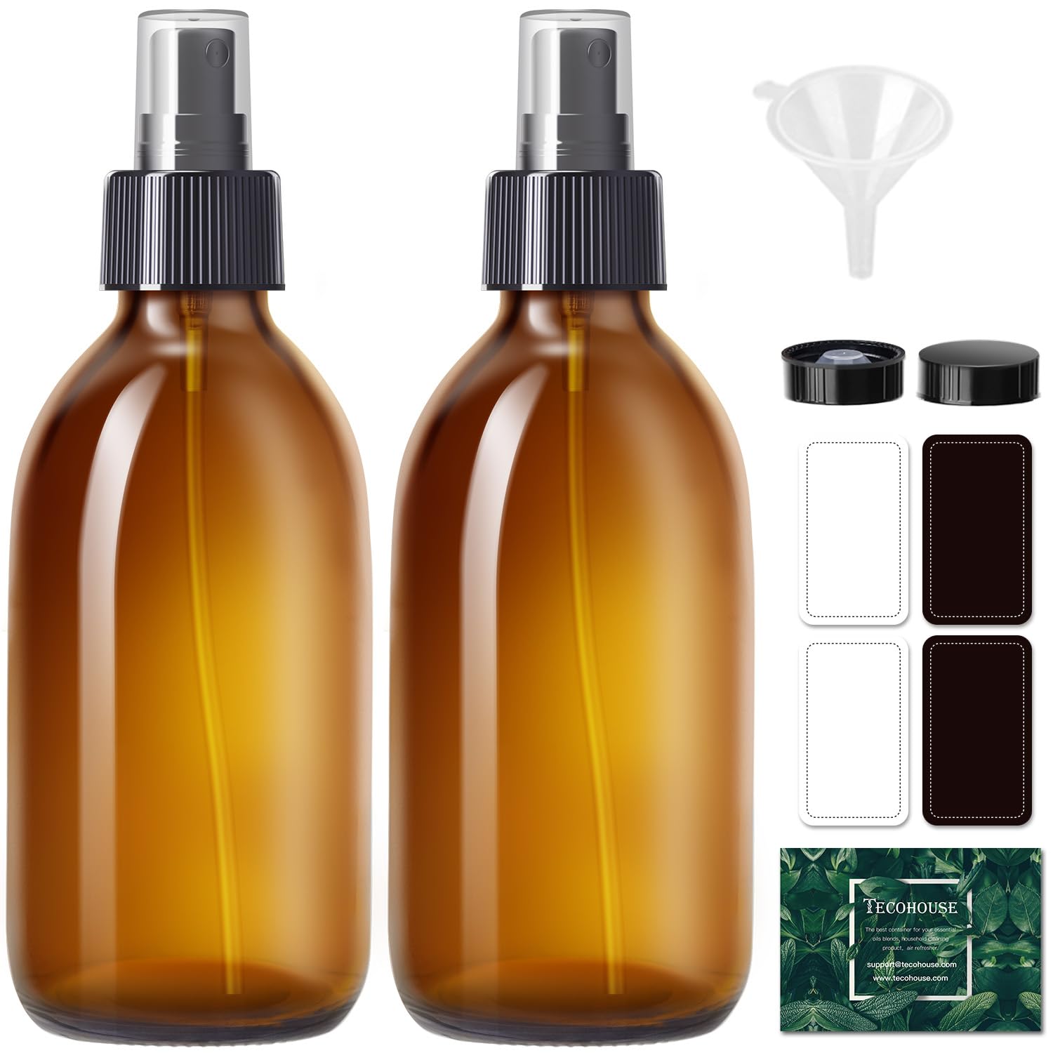 Tecohouse Amber Glass Spray Bottles 8.8 Oz, 2 Pack Empty Spray Bottle For Essential Oils, Small Glass Bottles For Cleaning Solut
