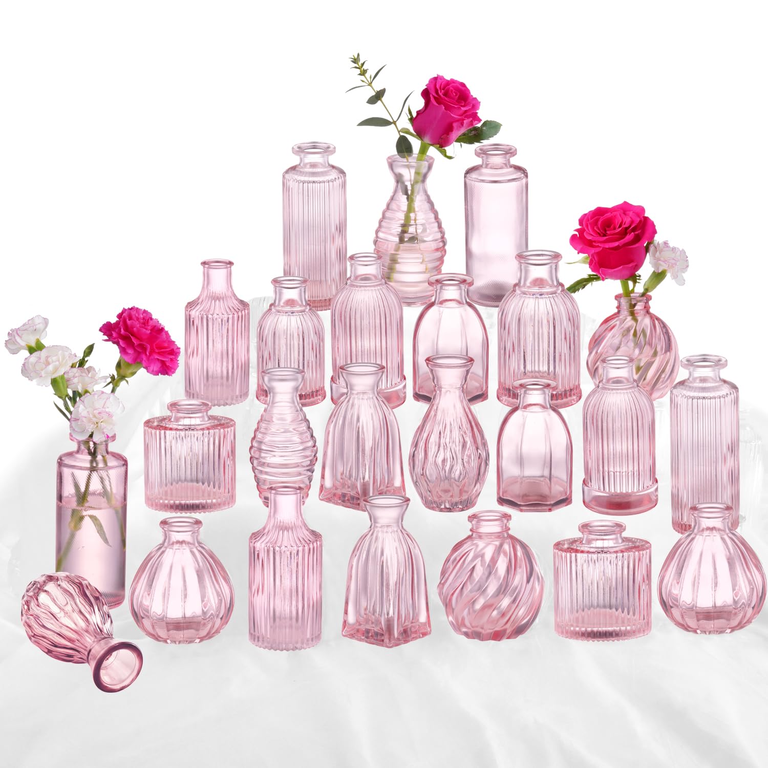 Pink Glass Bud Vases in Bulk 24, Pink Vase Small Glass Vases for Flowers Modern Ribbed Glass Bud Vase for Decor Wedding Flower V
